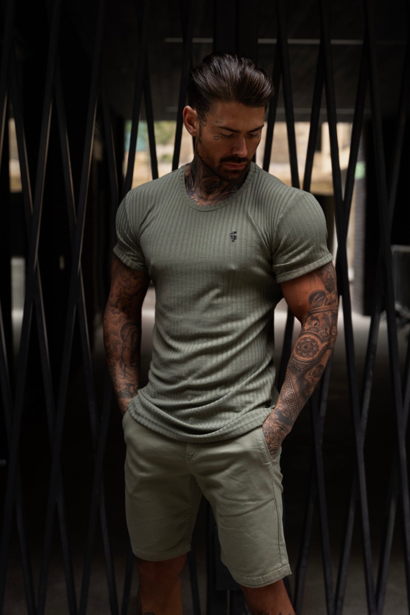 Classic Olive / Black Ribbed Knit Super Slim Short Sleeve Crew - FSH1089