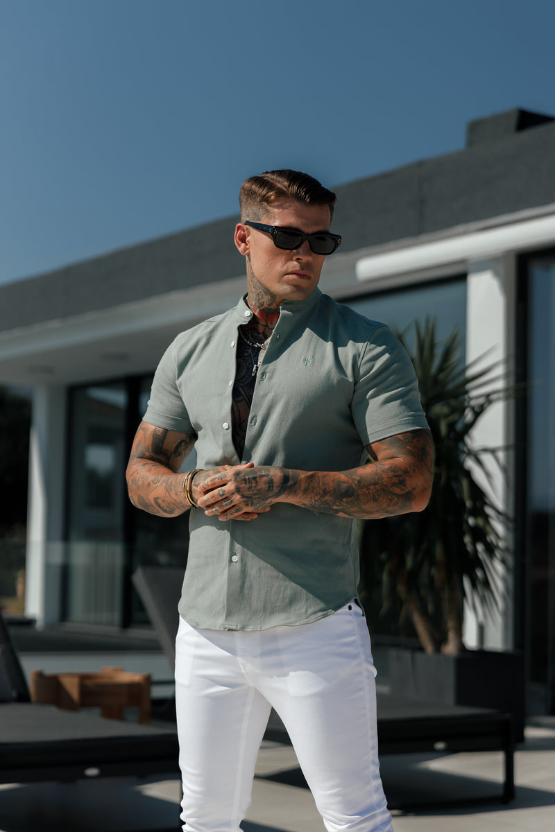 Father Sons Classic Stretch Khaki / Sage with Grandad Collar SS - FS1079