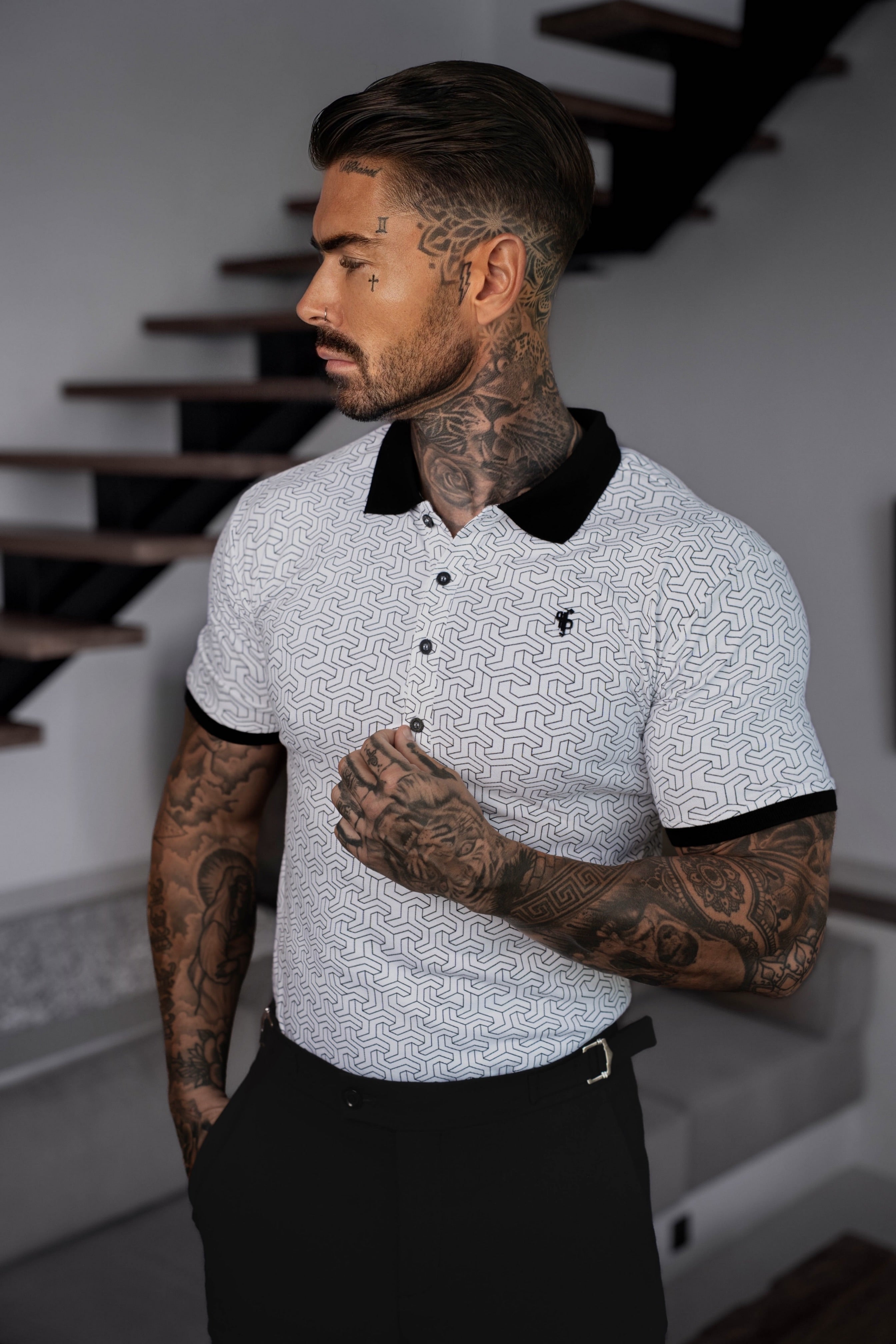 White / Black Geo Printed Polo Shirt - FSH1233