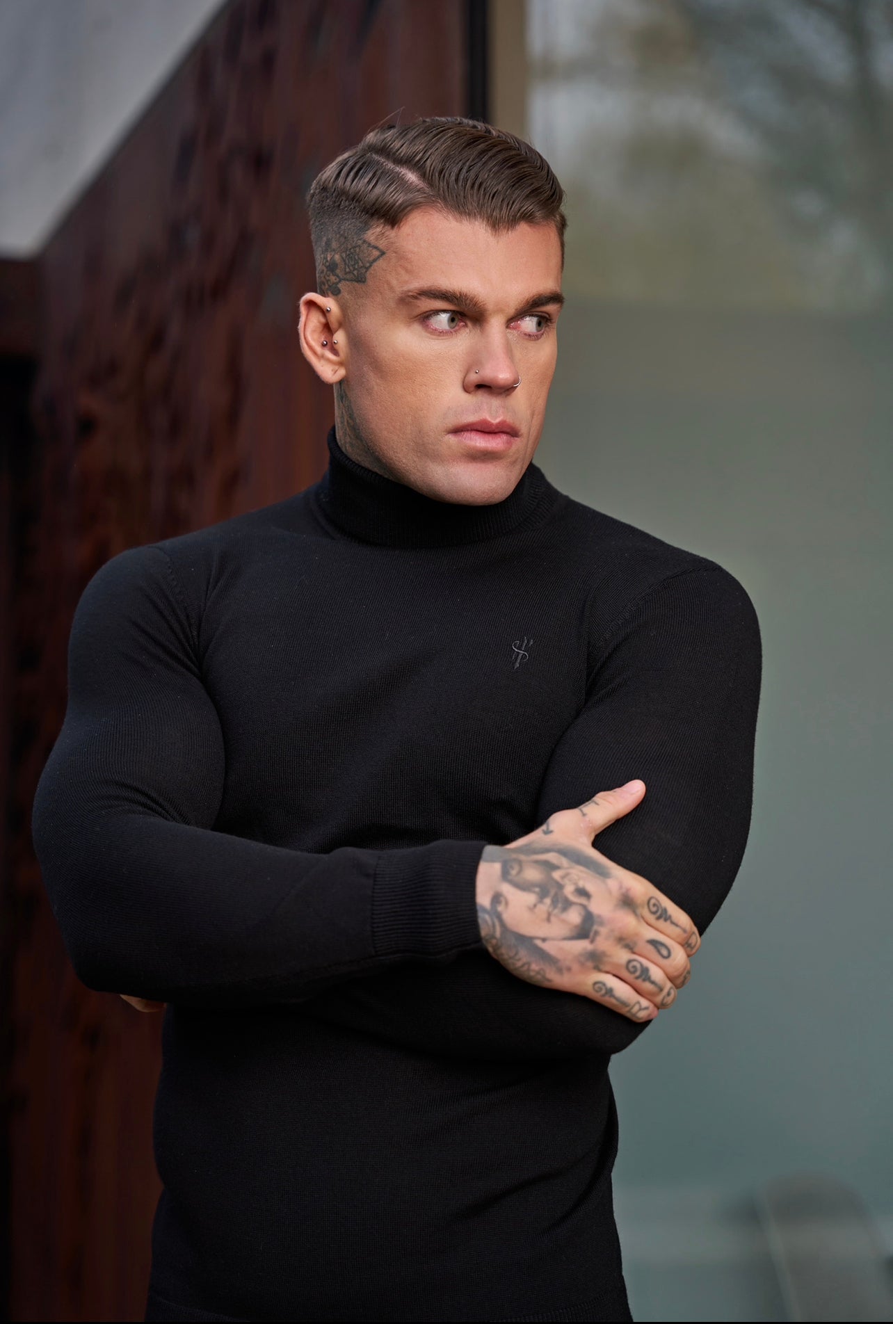 Classic Black Roll Neck Knitted Jumper With Tonal Emblem - FSN135