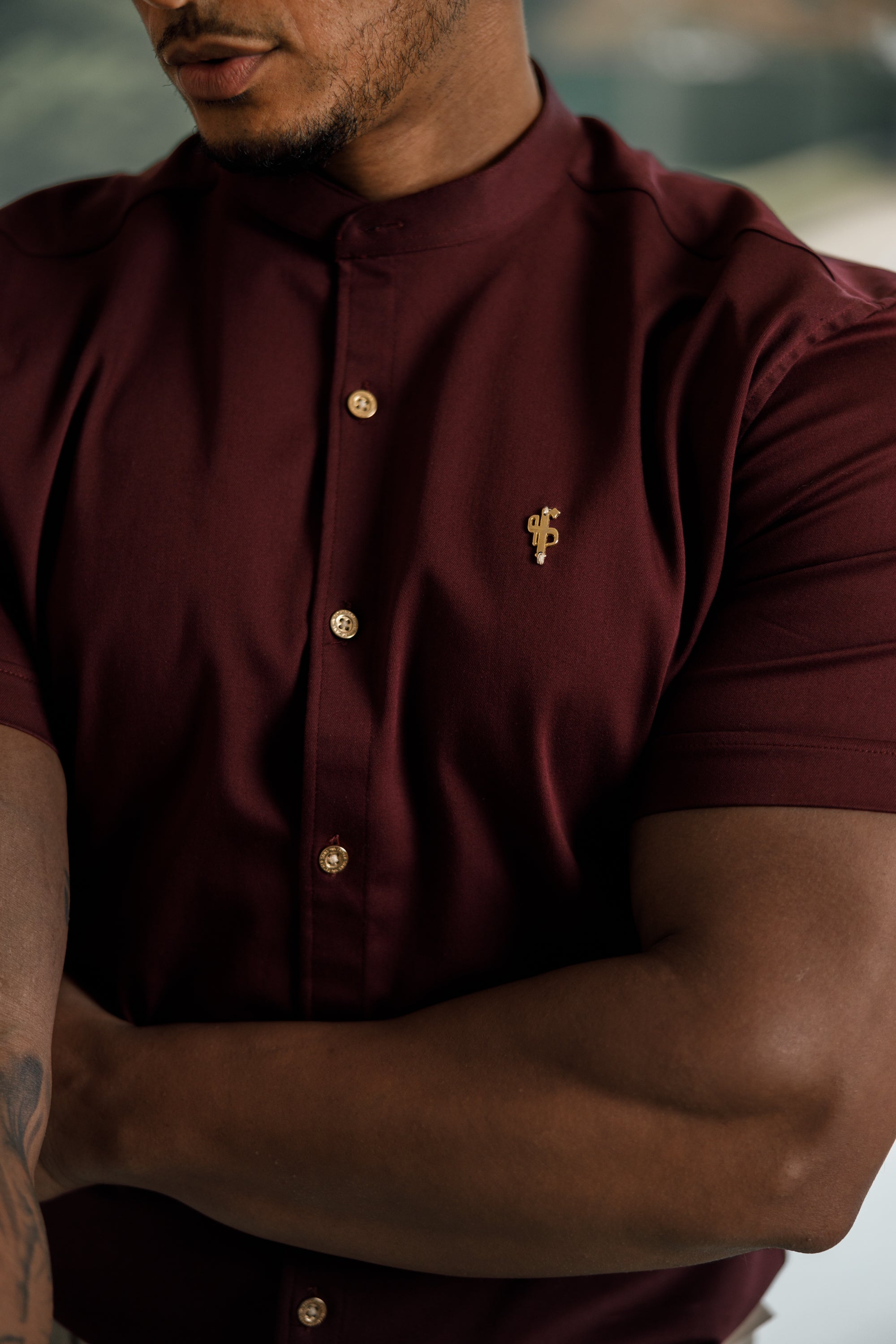 Super Slim Stretch Burgundy Denim Short Sleeve Grandad collar with Metal Buttons and Decal Emblem - FS722