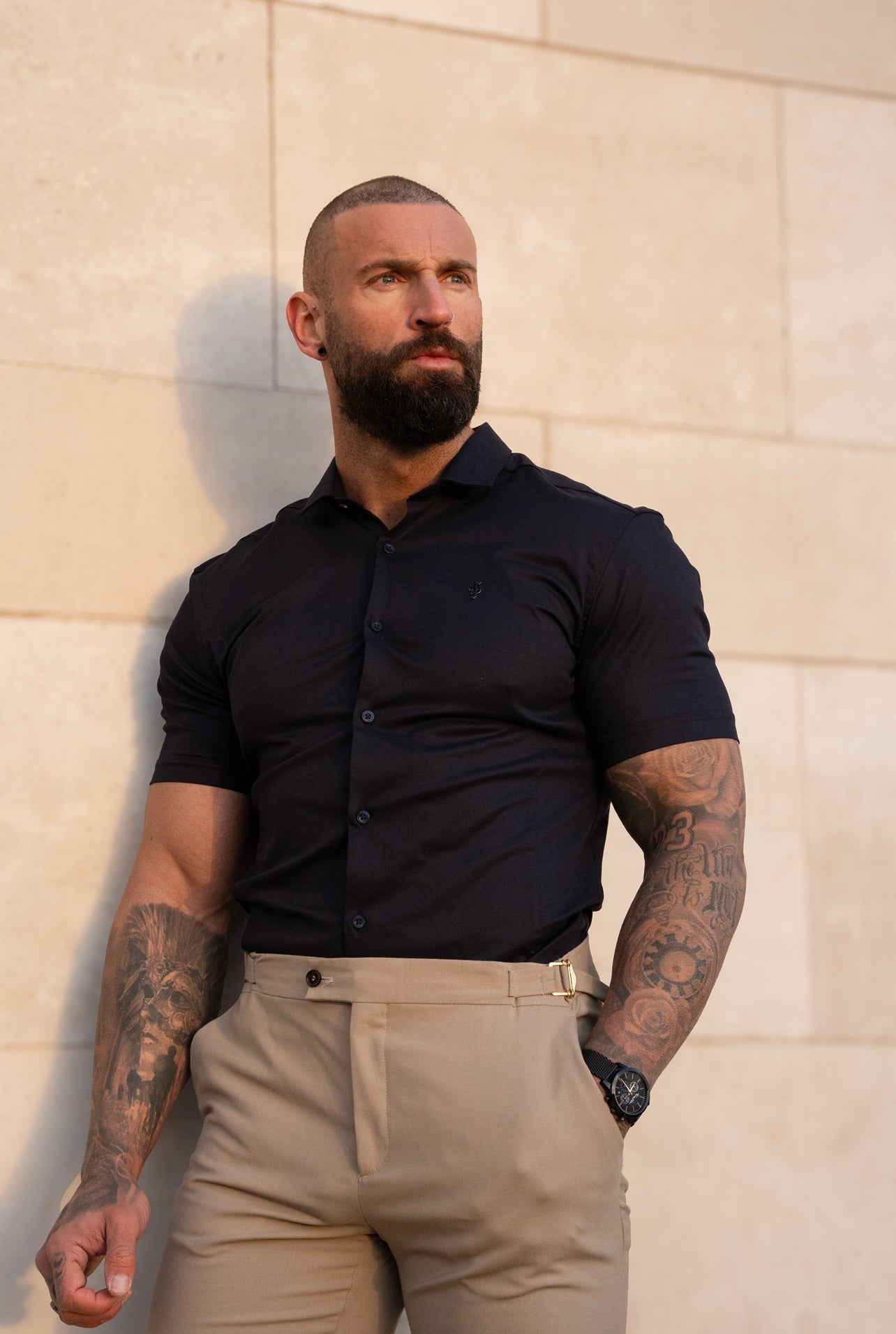 Super Slim Stretch Navy Side Panel Shirt SS - FS1139