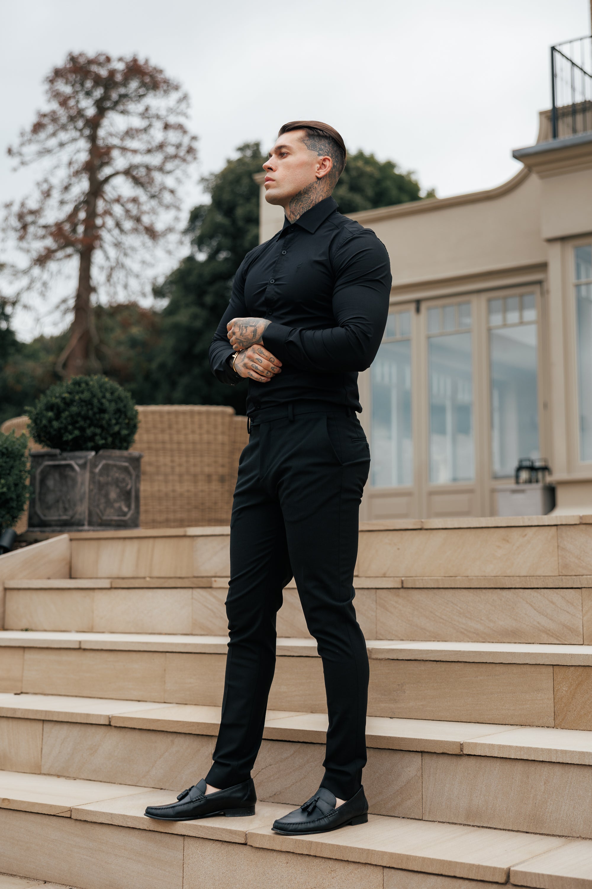 Muscle Fit Advanced Stretch Black Cutaway Collar Shirt  - FS1164