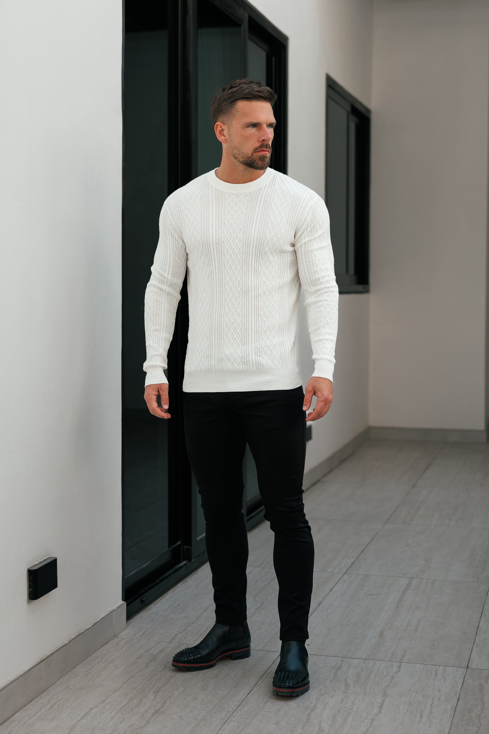Fine Knit Diamond Off White Jumper Long Sleeve  -  FSA005