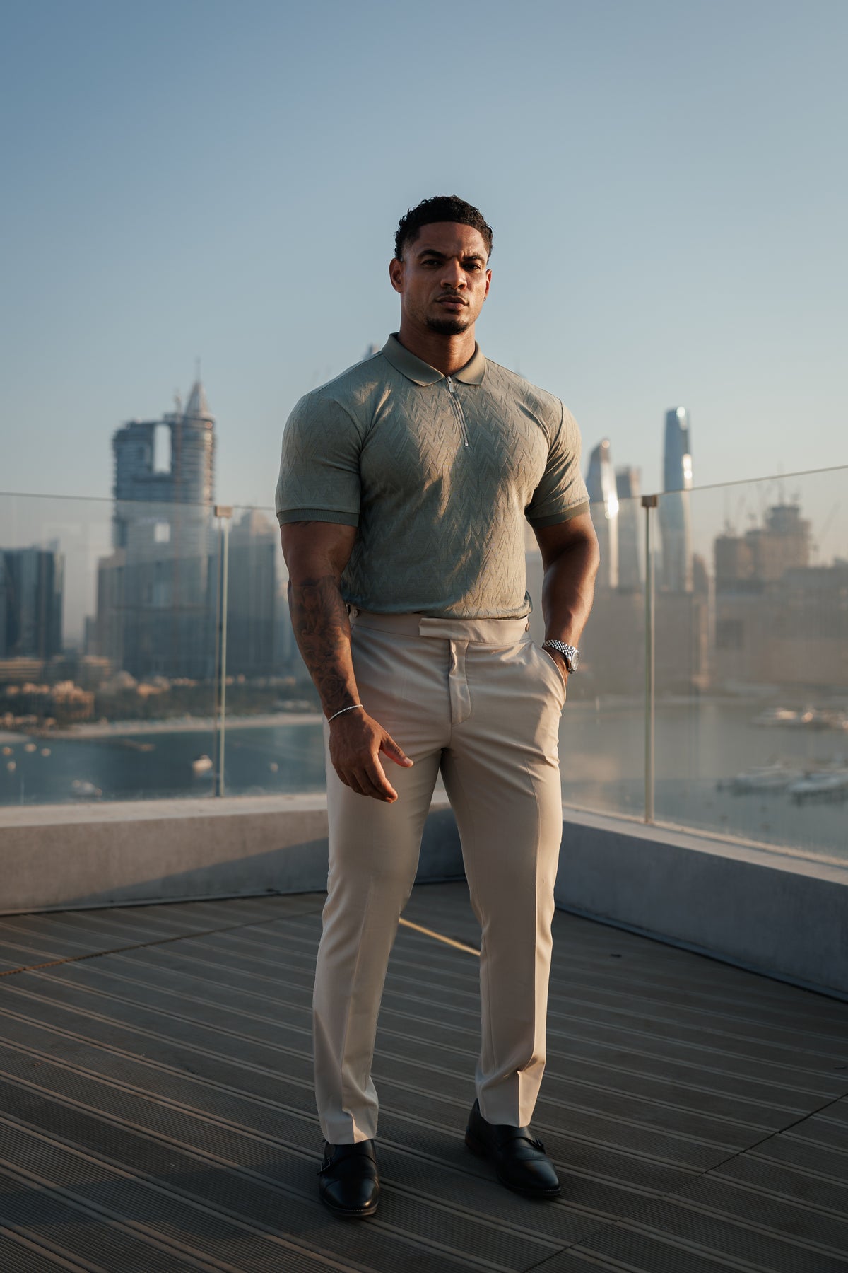 Classic Jacquard Olive Chevron Zipped Polo - FSR060