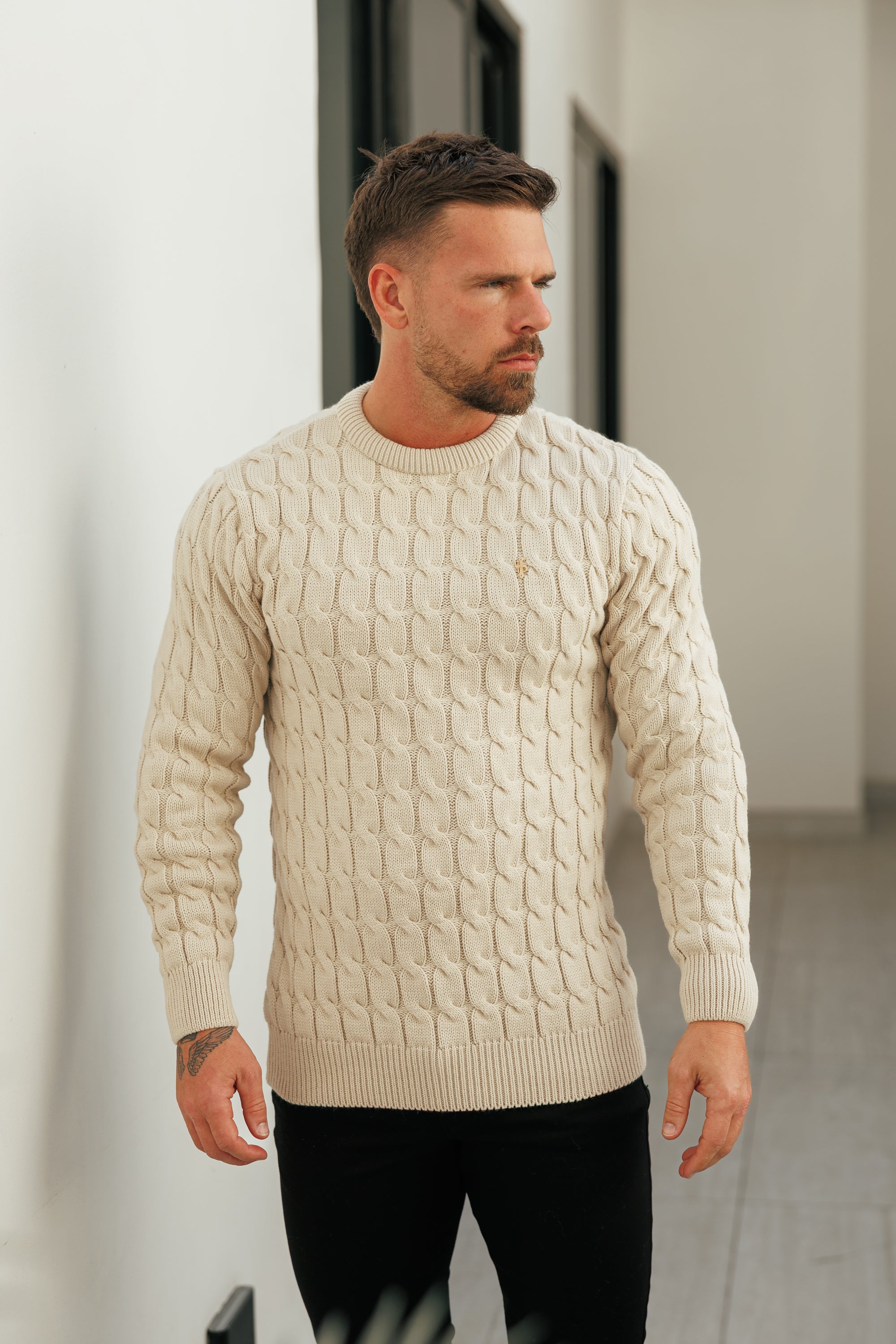 Link Weave Knit Beige Crew Neck Jumper - FSJ127