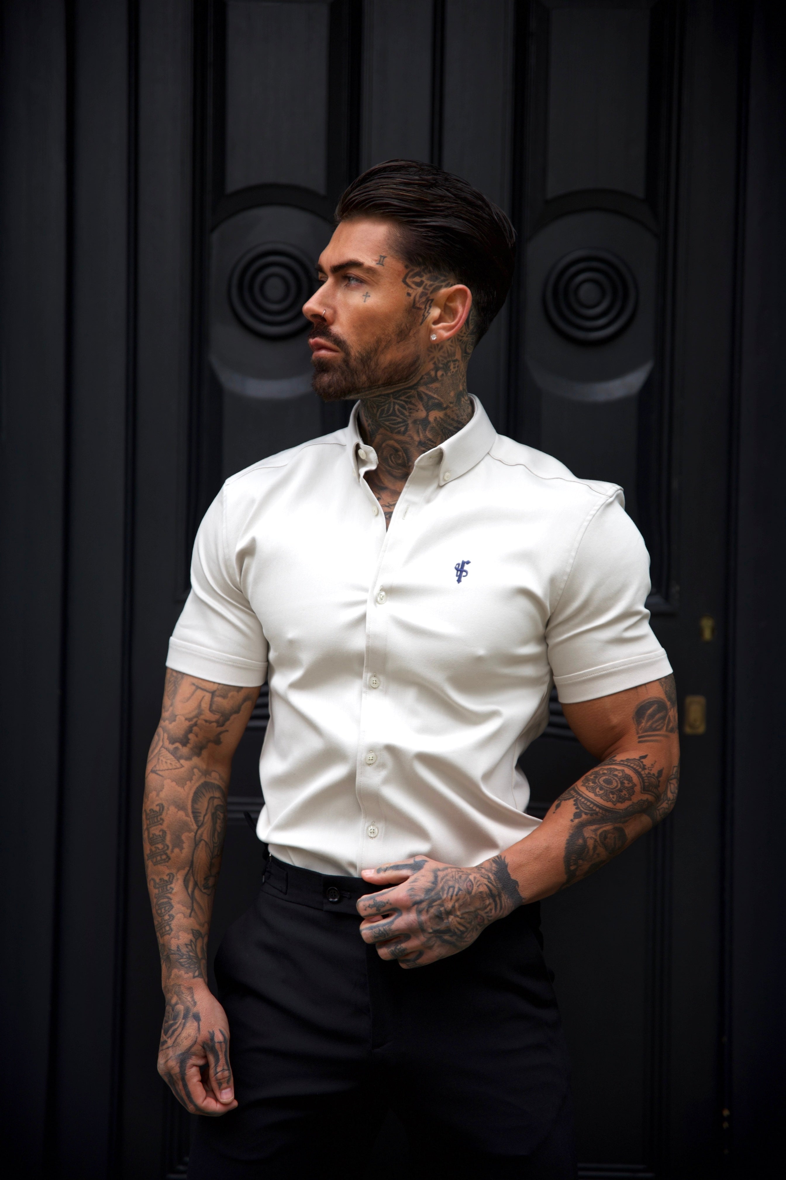 Super Slim Stretch Oatmeal Denim Short Sleeve With Button Down Collar - FS1025