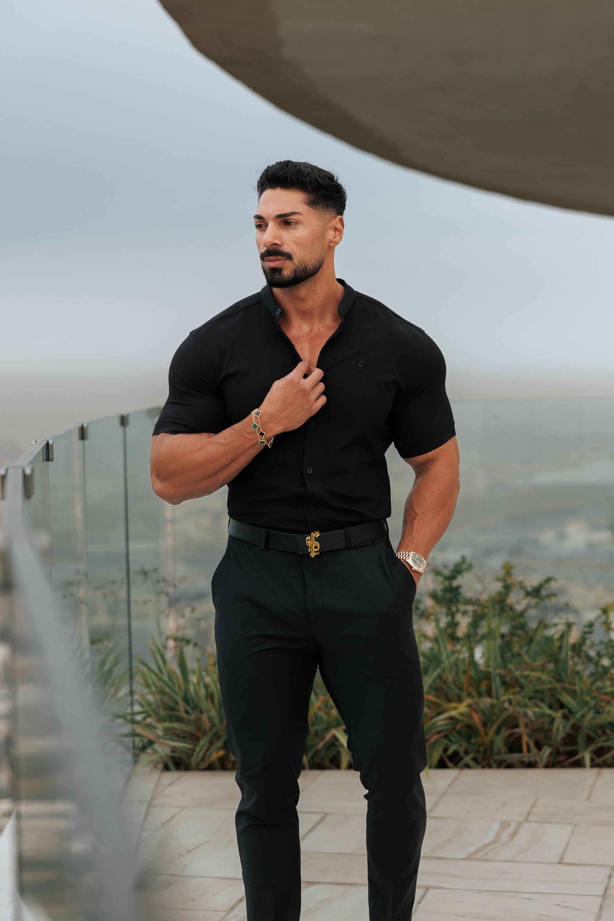 Super Slim Oxford Stretch Classic All Black Grandad Collar Short Sleeve - FS582