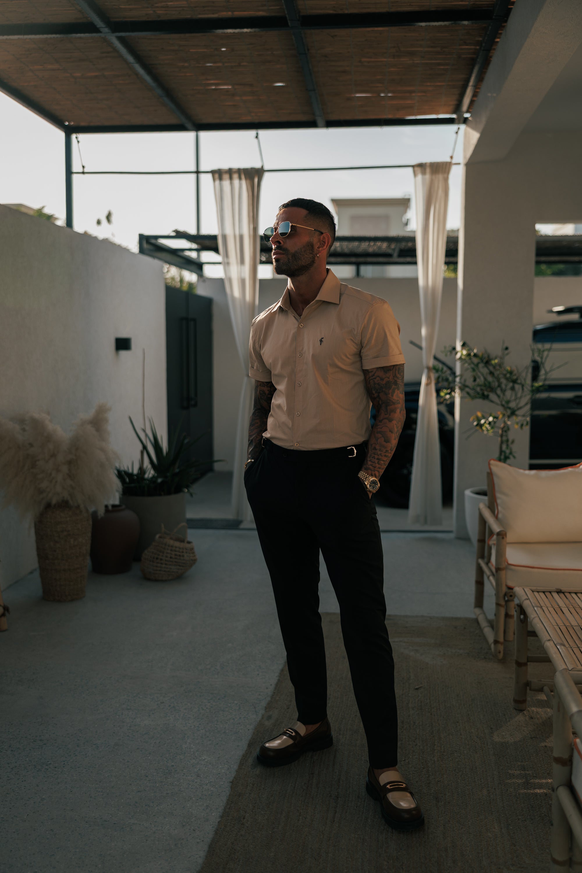 Super Slim Stretch Beige Short Sleeve with Cutaway Collar  - FS1161