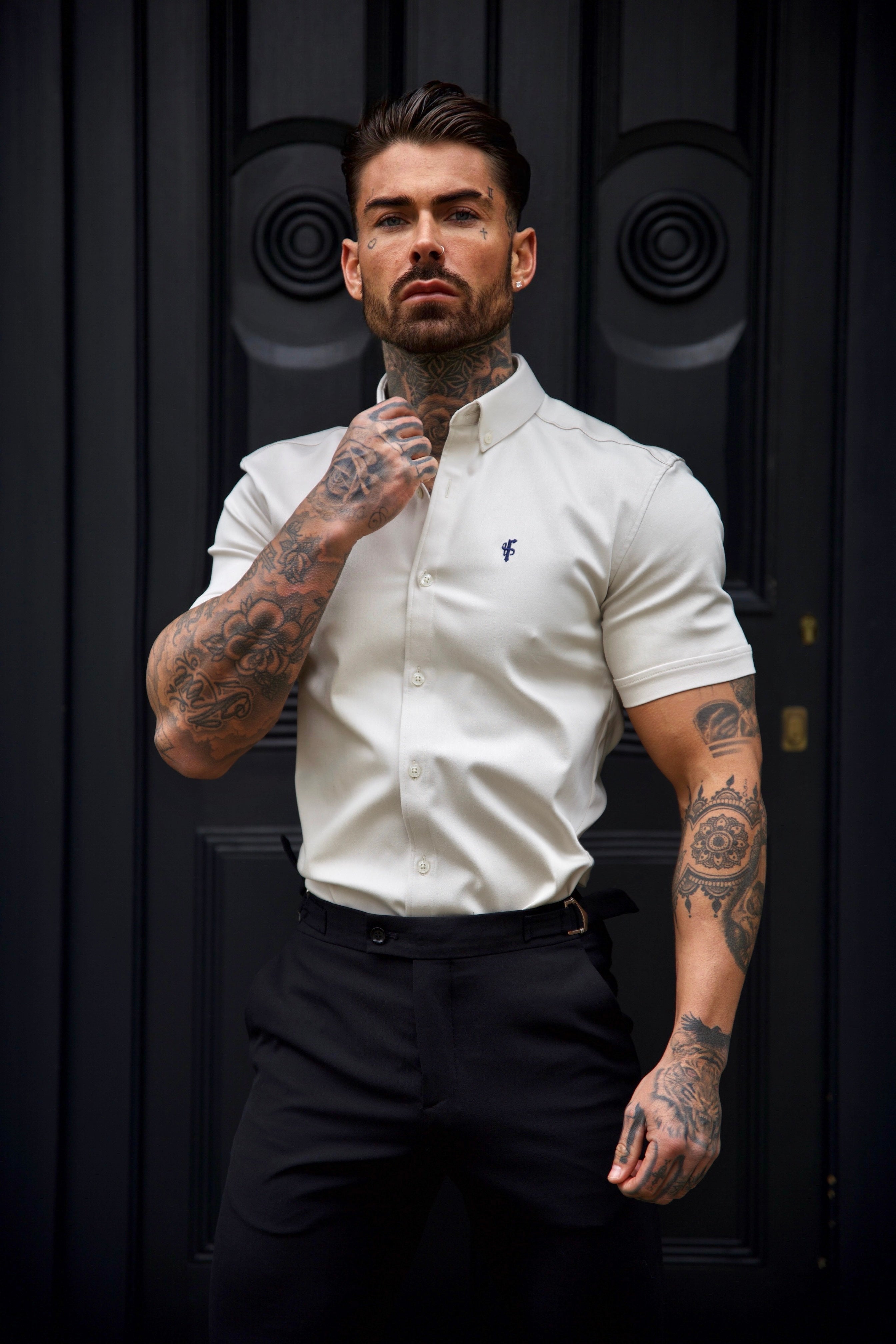 Super Slim Stretch Oatmeal Denim Short Sleeve With Button Down Collar - FS1025