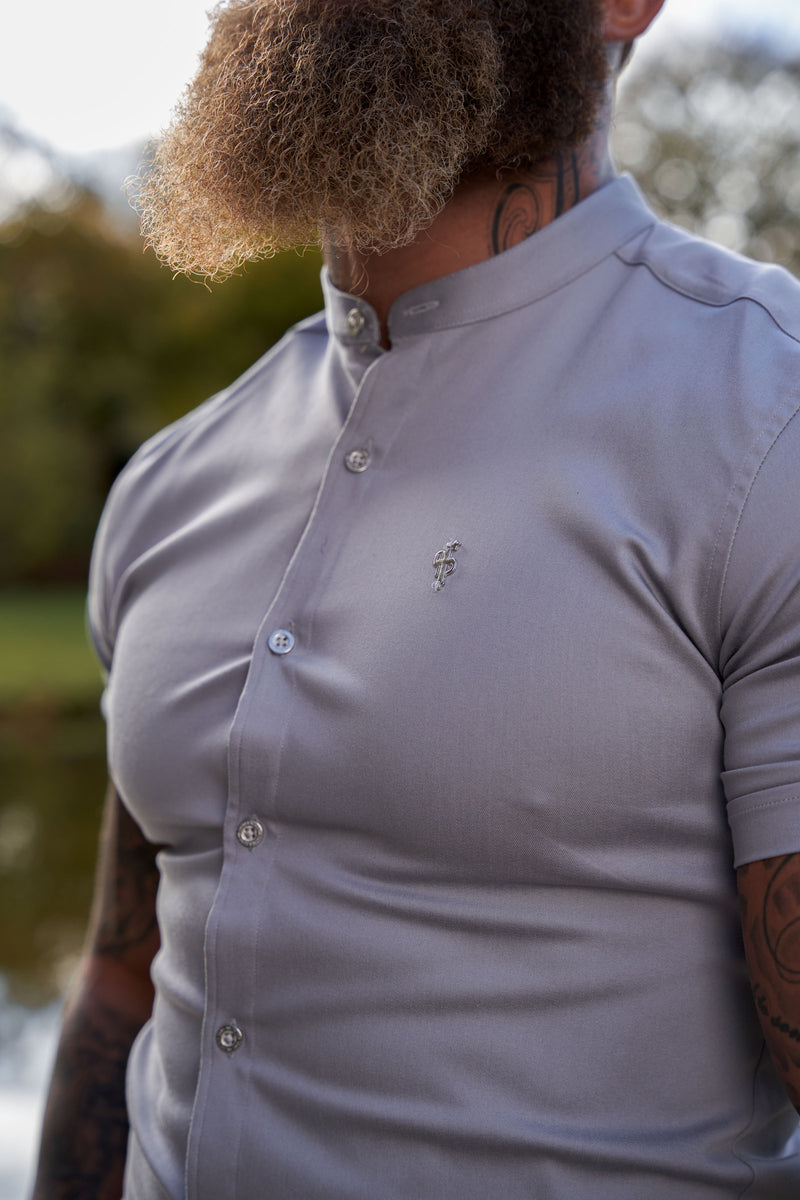 Father Sons Super Slim Stretch Grey Denim Short Sleeve With Grandad Collar and Silver Metal Buttons and Decal  - FS963