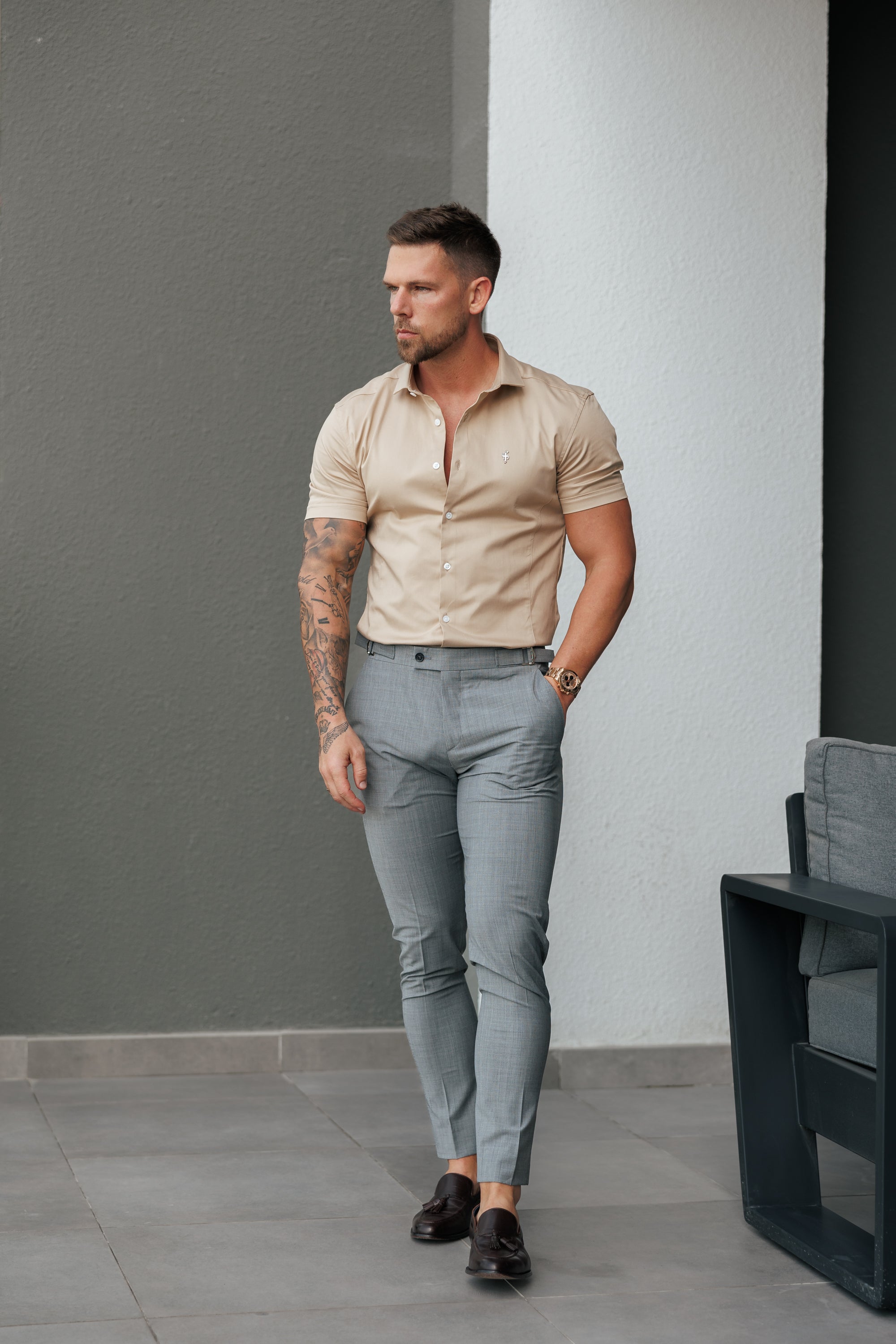 Super Slim Stretch Vintage Beige Side Panel Shirt SS - FS1138
