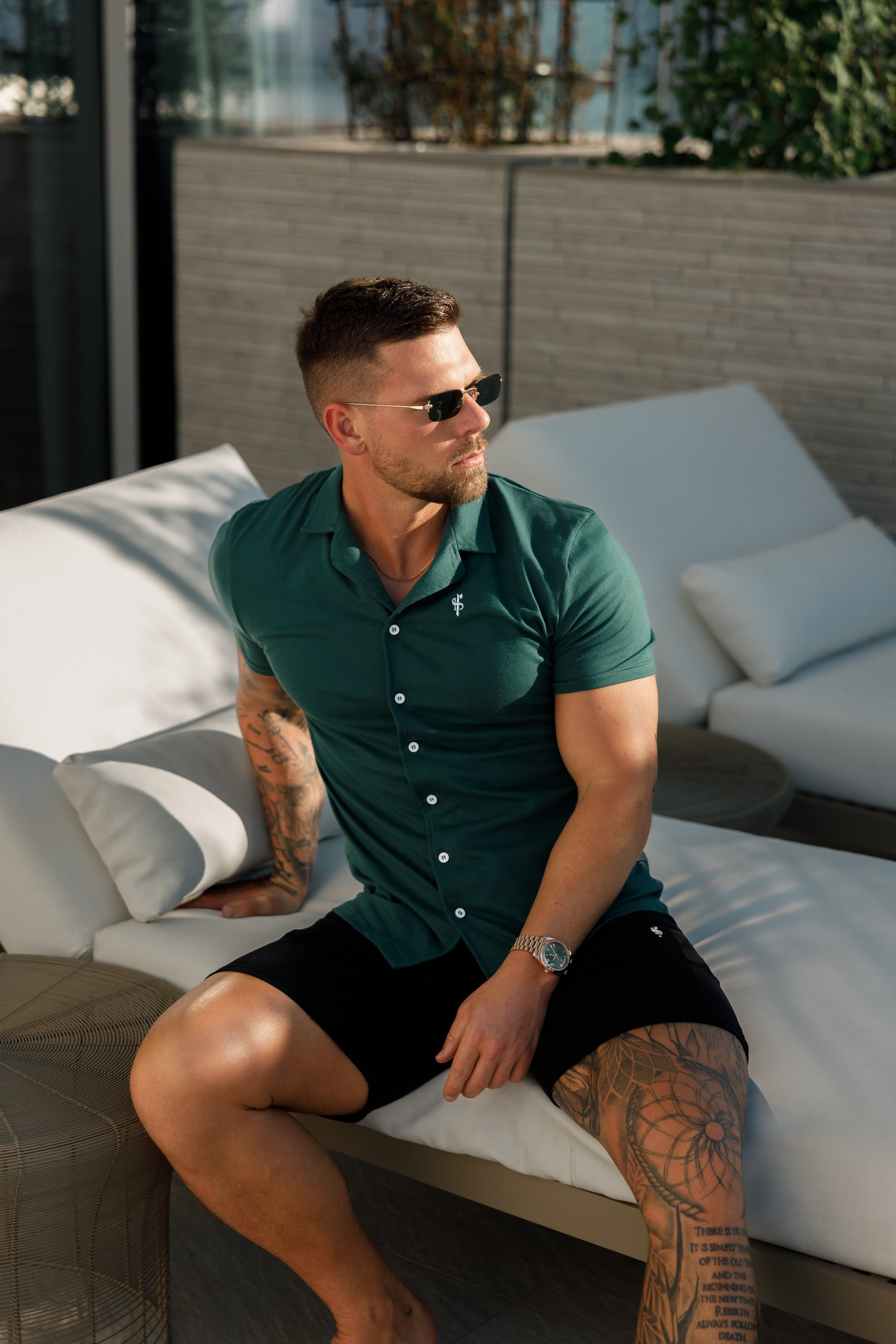 Stretch Green Pique Revere Shirt Short Sleeve - FSH1076