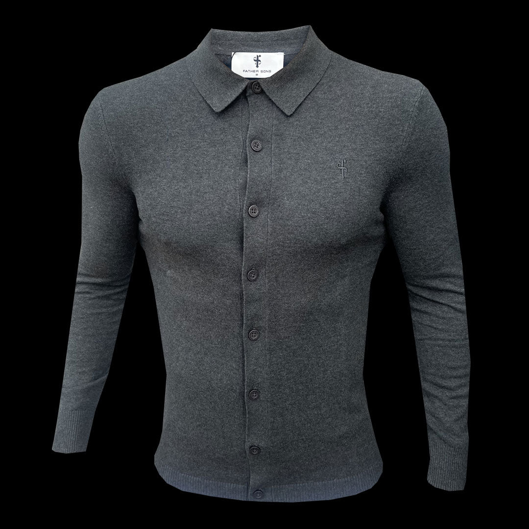 Classic Plain Charcoal Knitted Button Through Polo Long Sleeve - FSN168