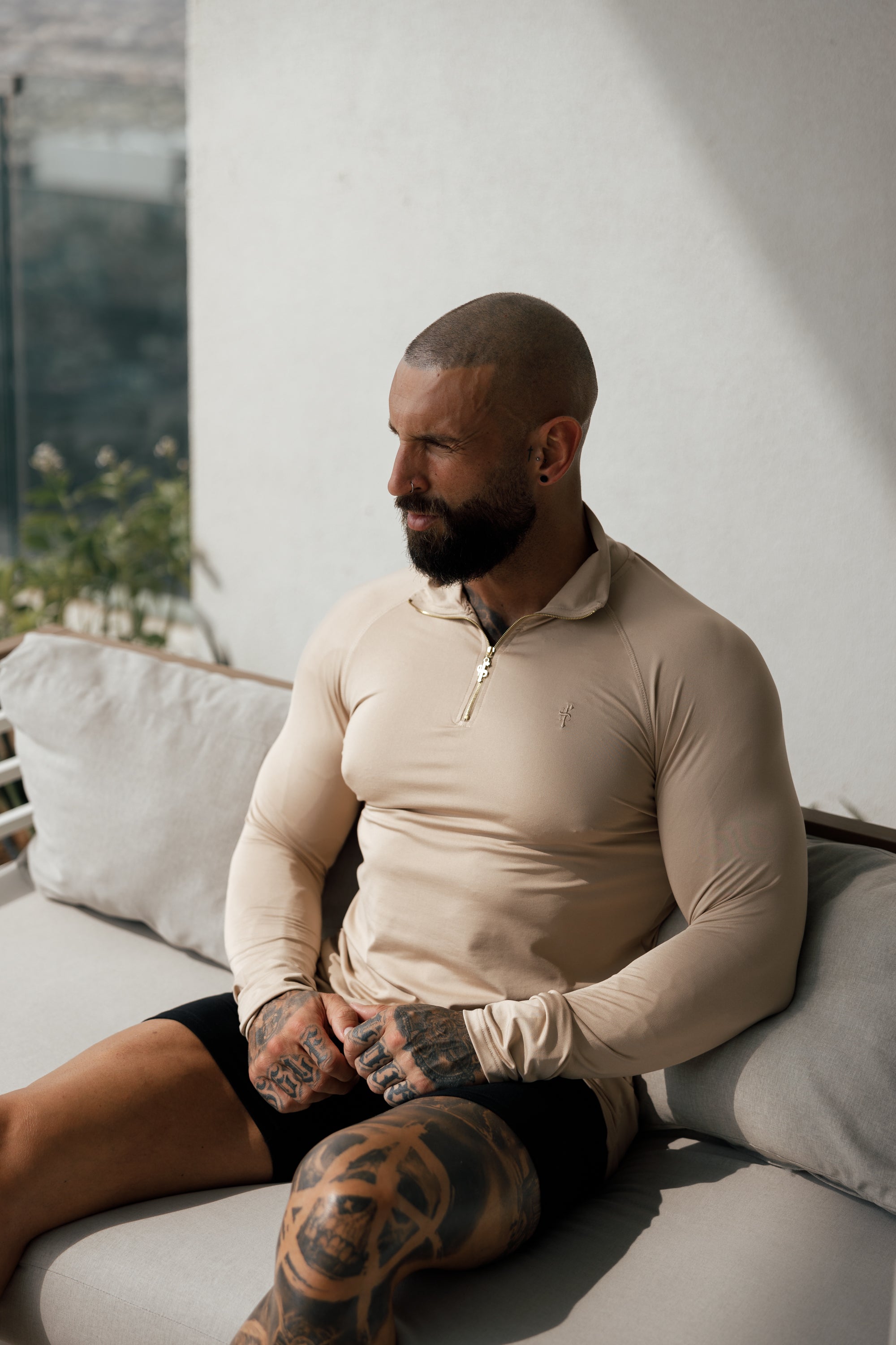 Long Sleeve Beige / Gold Half Zip Gym Top - FSH892