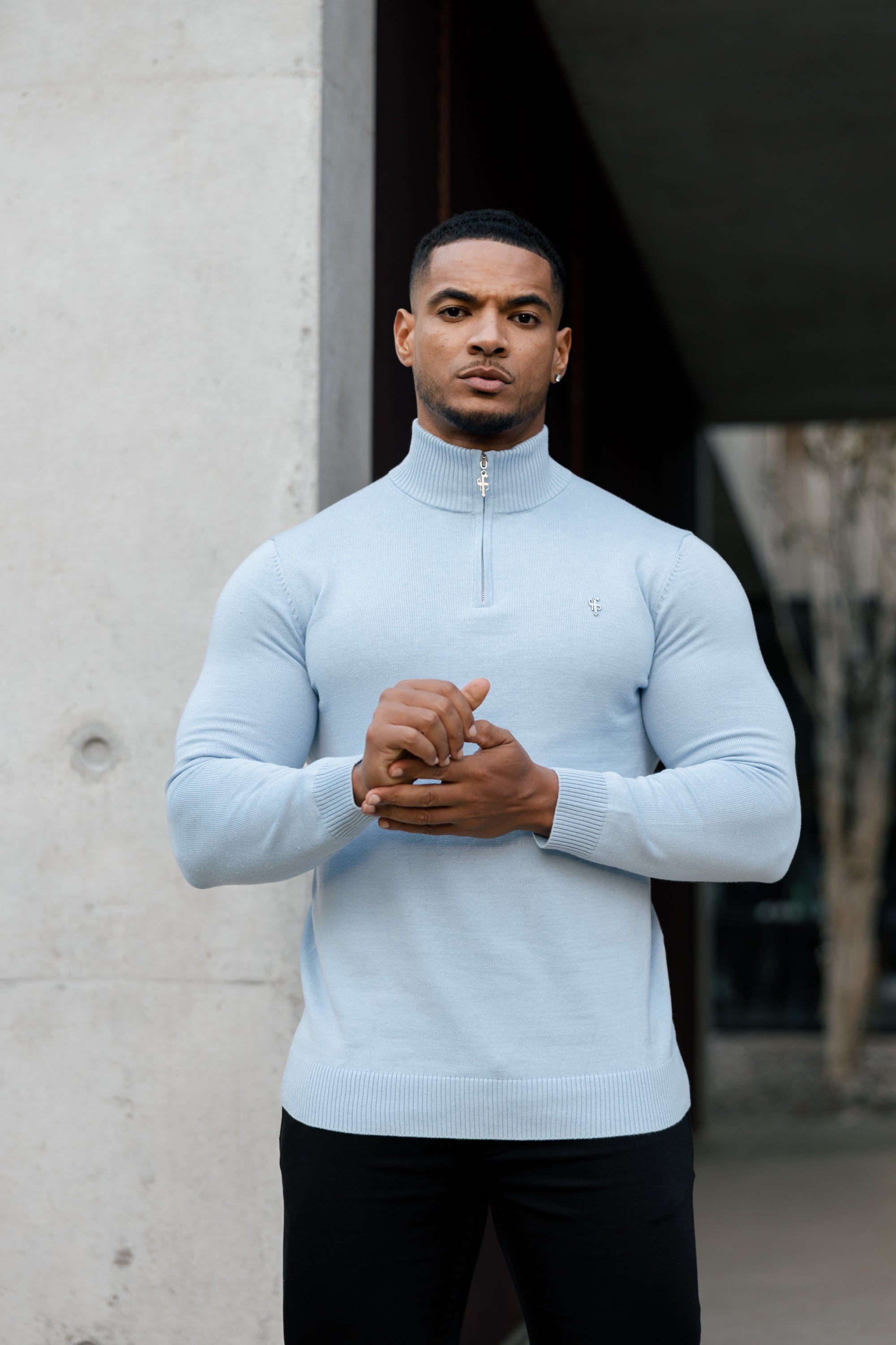 Light Blue Funnel Neck 1/2 Zip Knitted Jumper - FSN119