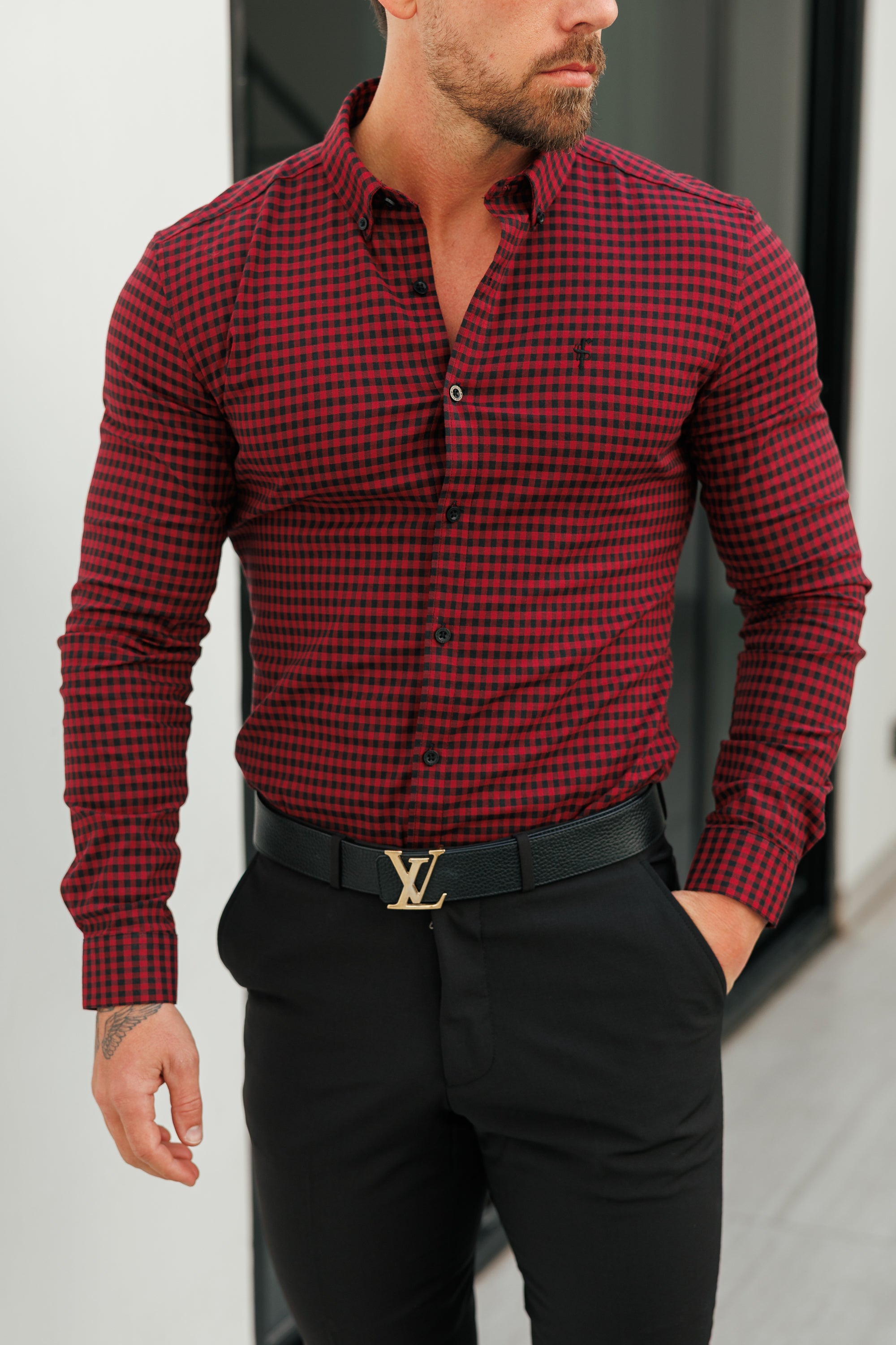 Super Slim Ultra Stretch Red & Black Check - FS473