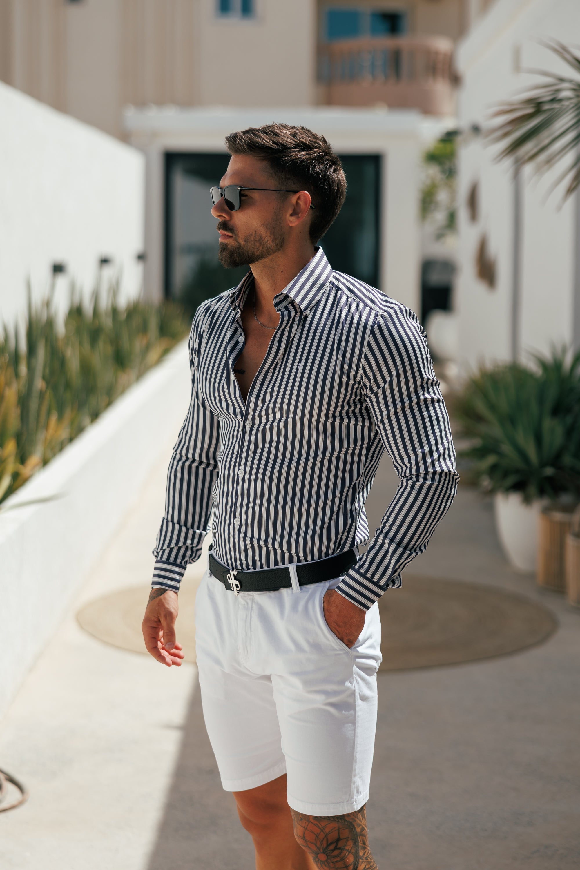 Super Slim Stretch Sateen Touch White / Navy Double Stripe Long Sleeve  -  FS1287 (PRE ORDER 28TH AUGUST)