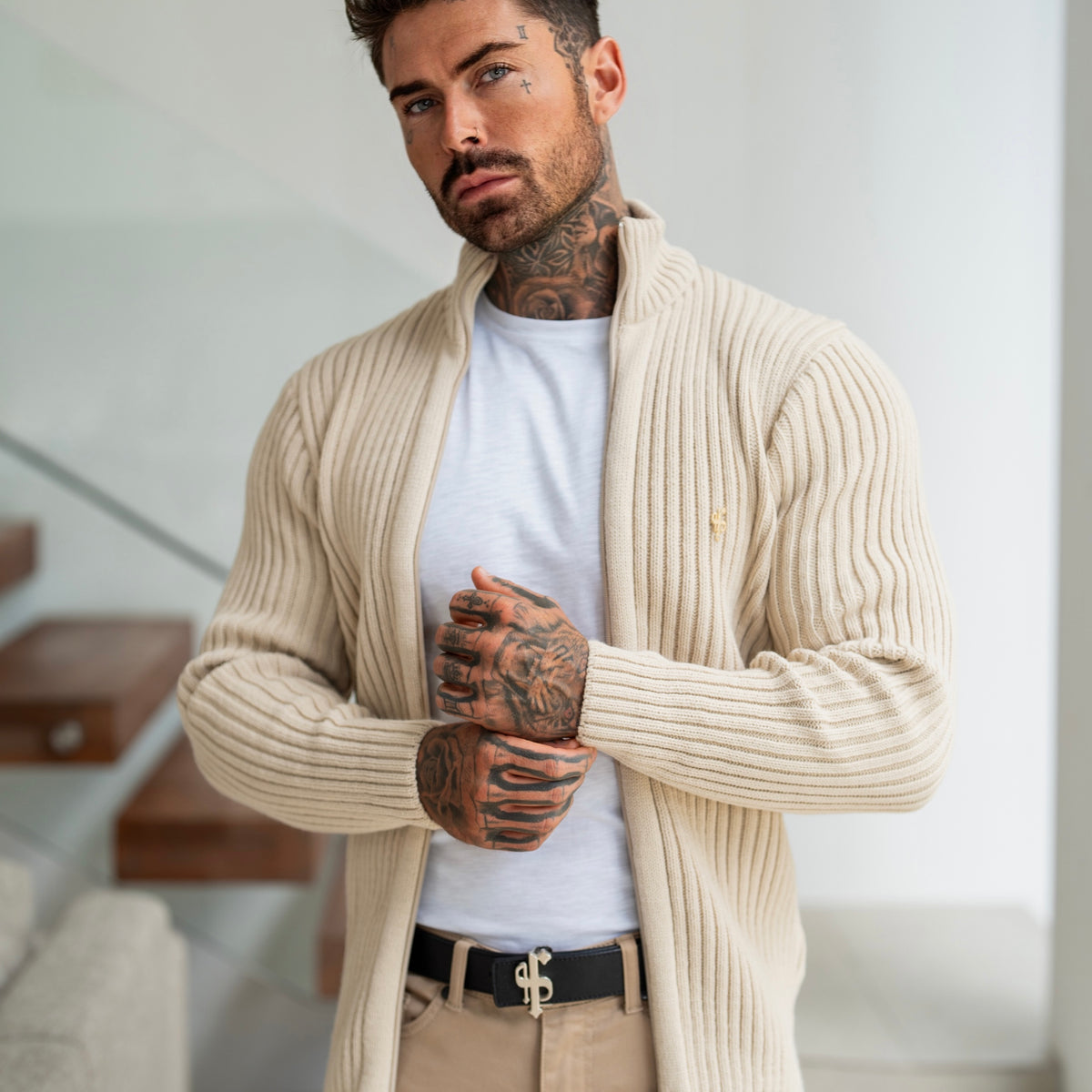 Chunky Beige Ribbed Zipped Cardigan - FSJ069