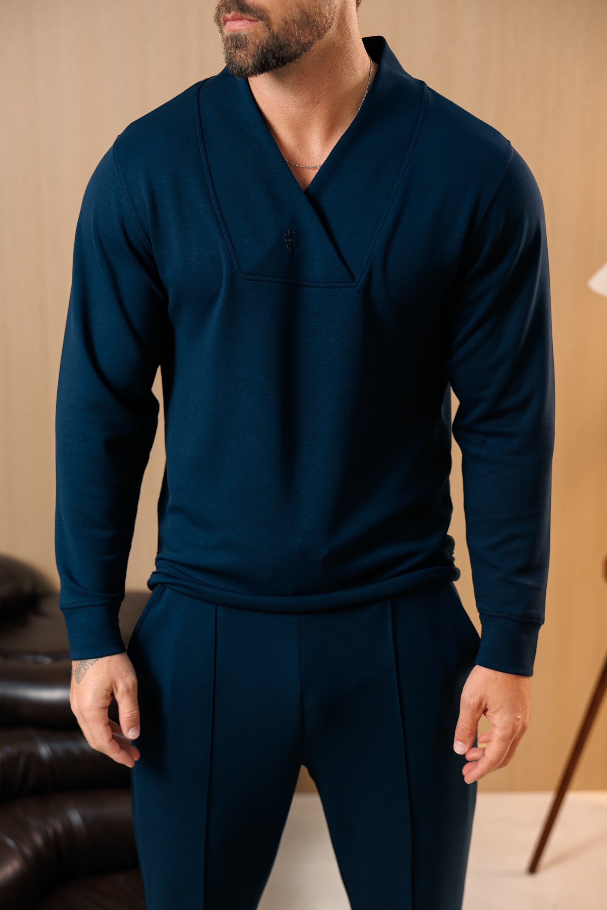 Navy Modal Shawl Collar Jumper Long Sleeve -  FSR114