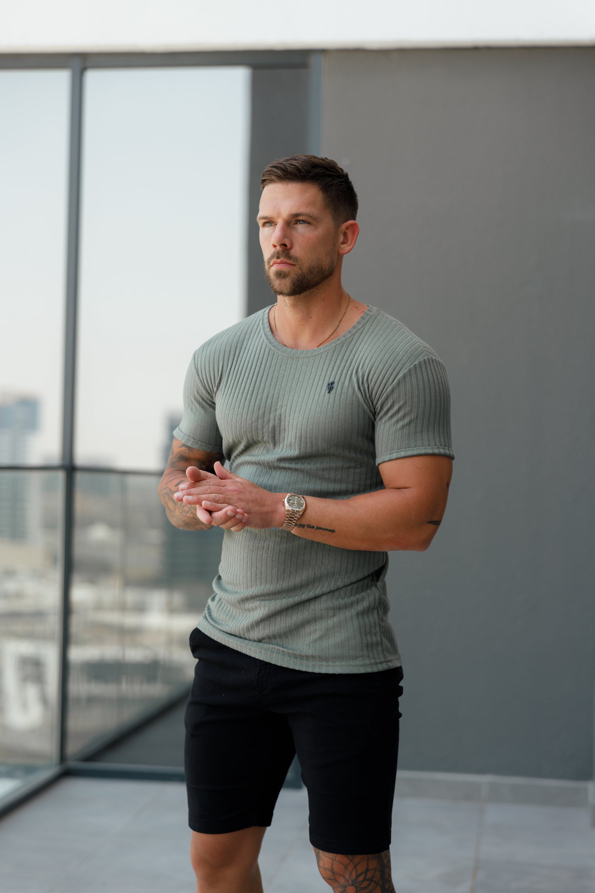 Classic Olive / Black Ribbed Knit Super Slim Short Sleeve Crew - FSH1089