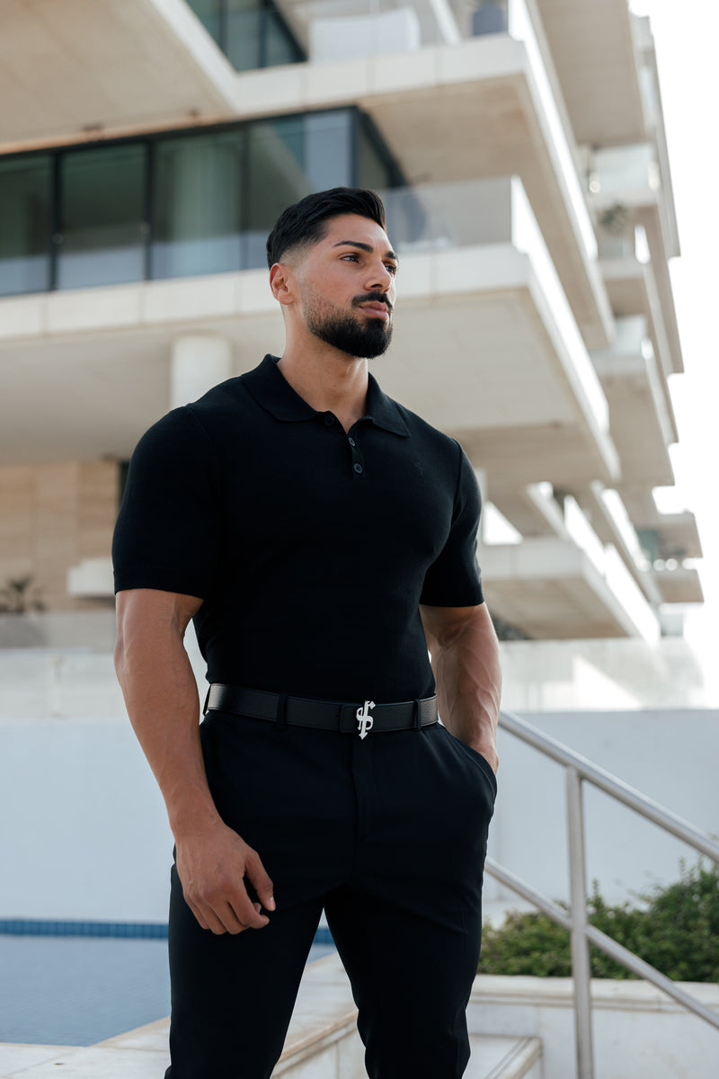 Father Sons Classic Plain Black Knitted Polo Short Sleeve - FSN108