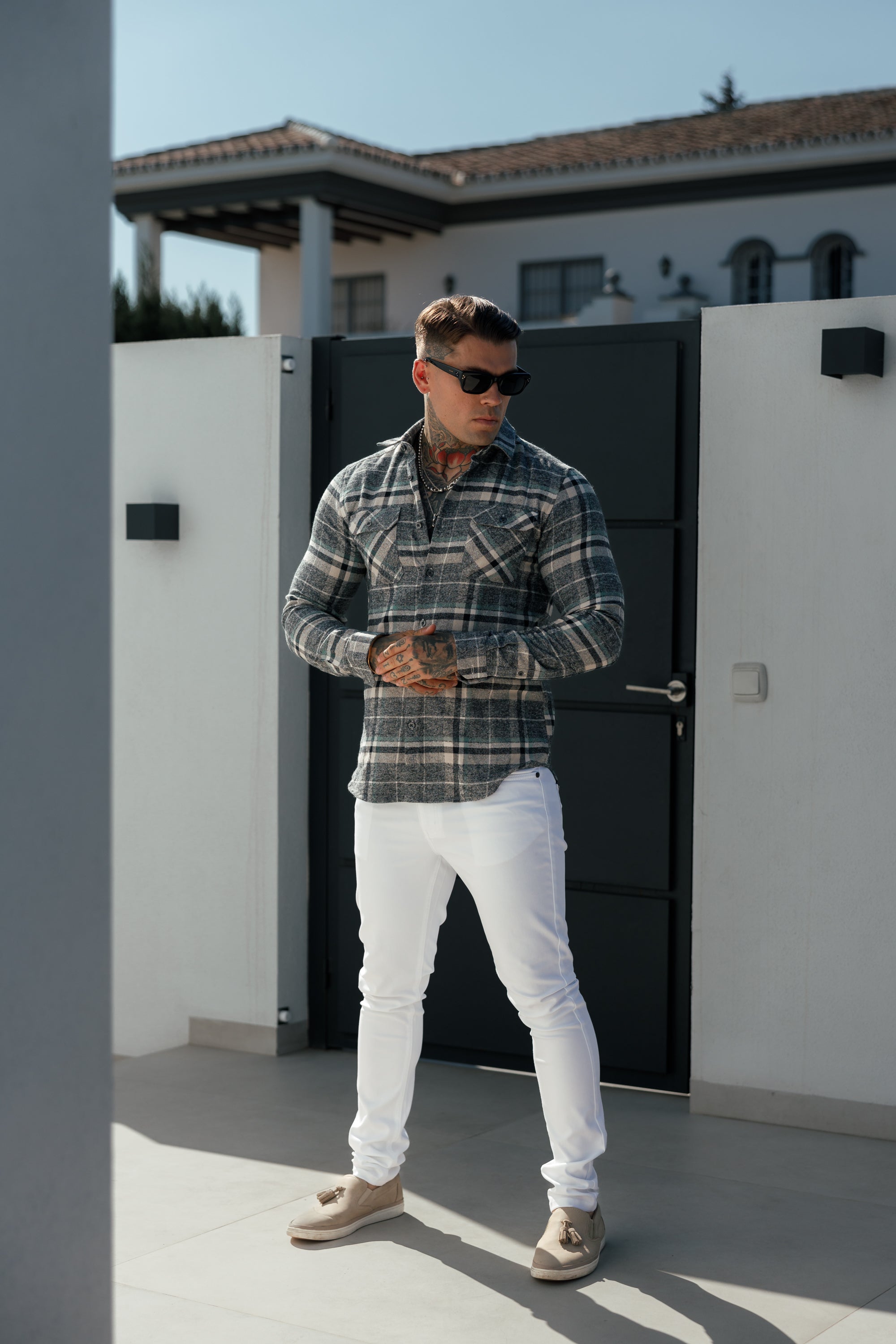 Sage / Grey Check Shacket With Double Pockets - FS1075