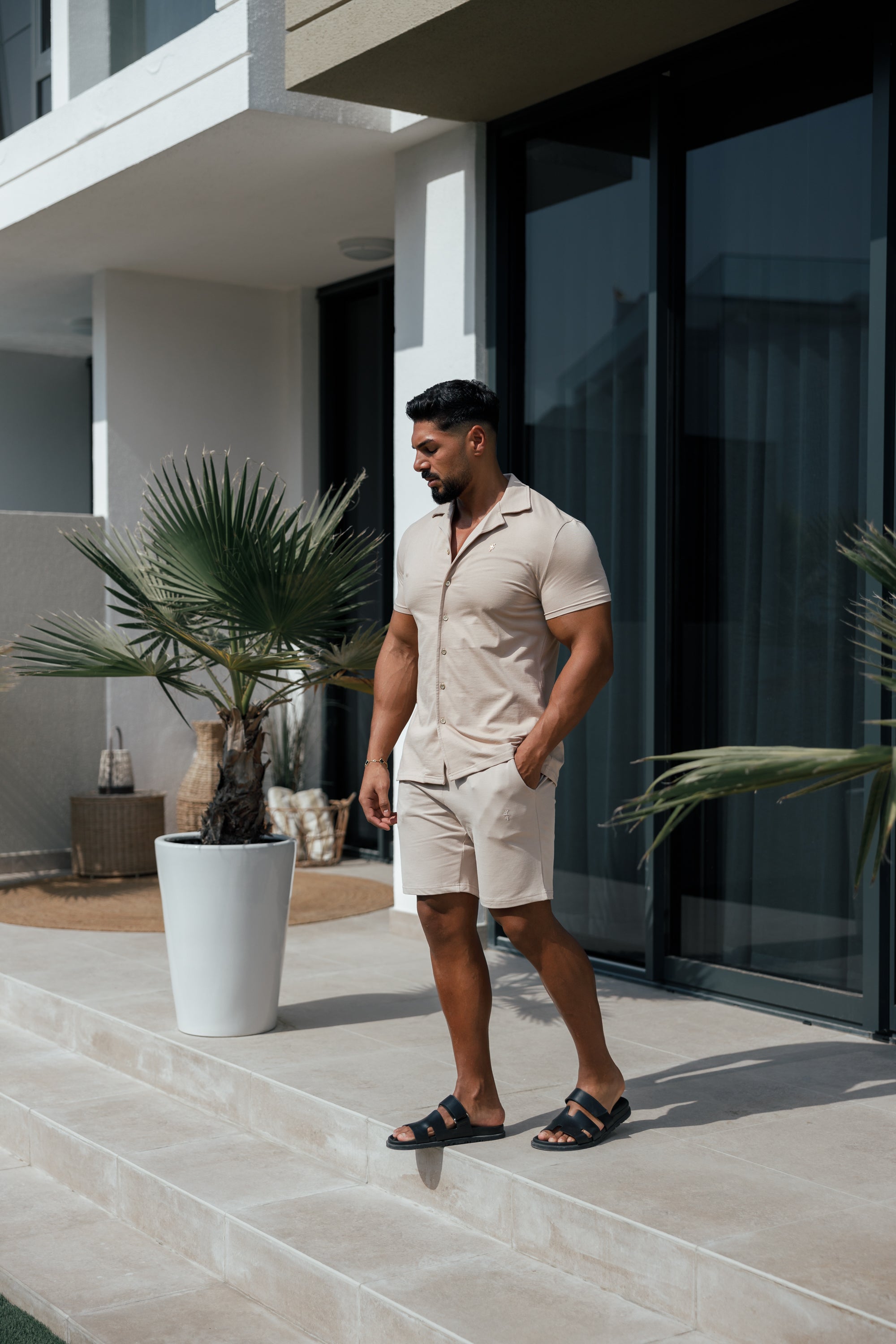 Stretch Beige / Gold Pique Revere Shirt Short Sleeve - FSH1075