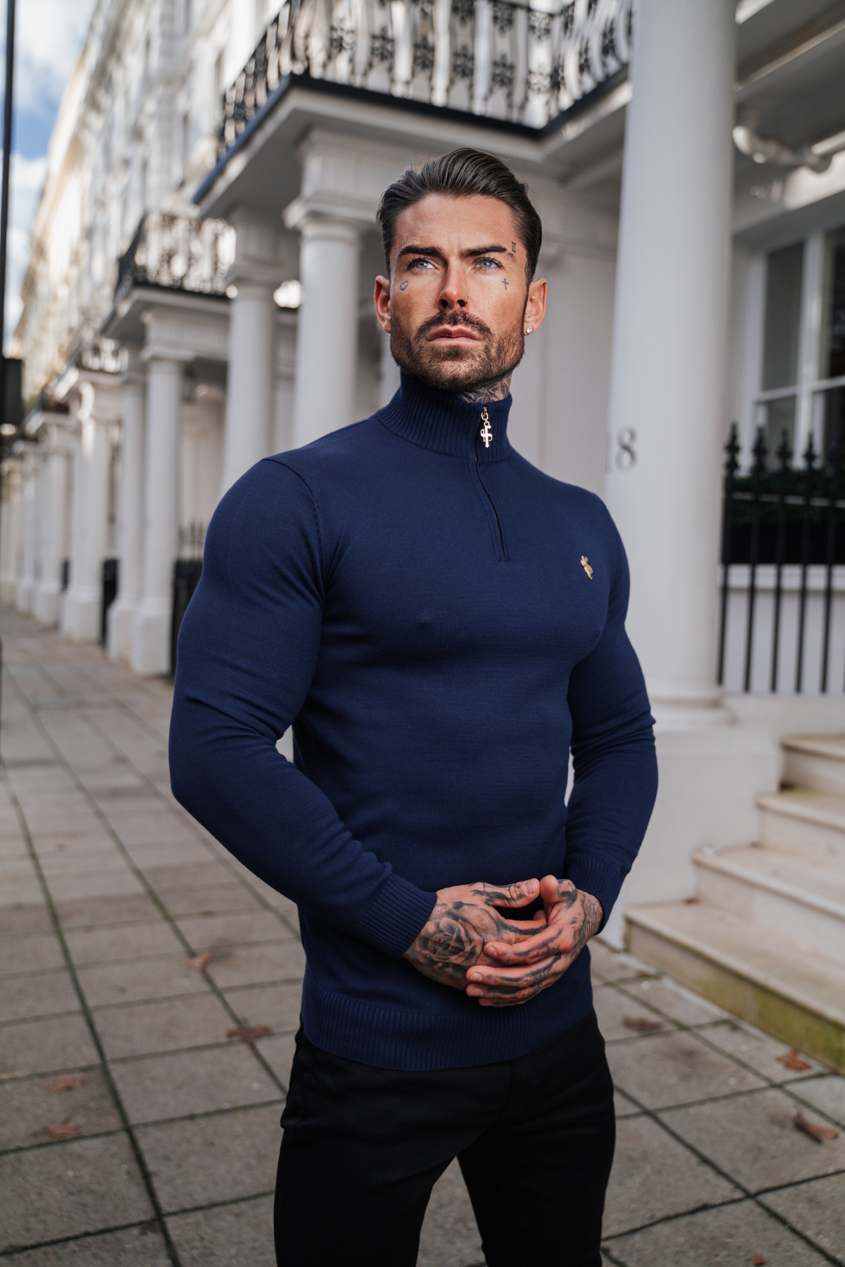 Navy Funnel Neck 1/2 Zip Knitted Jumper - FSN122
