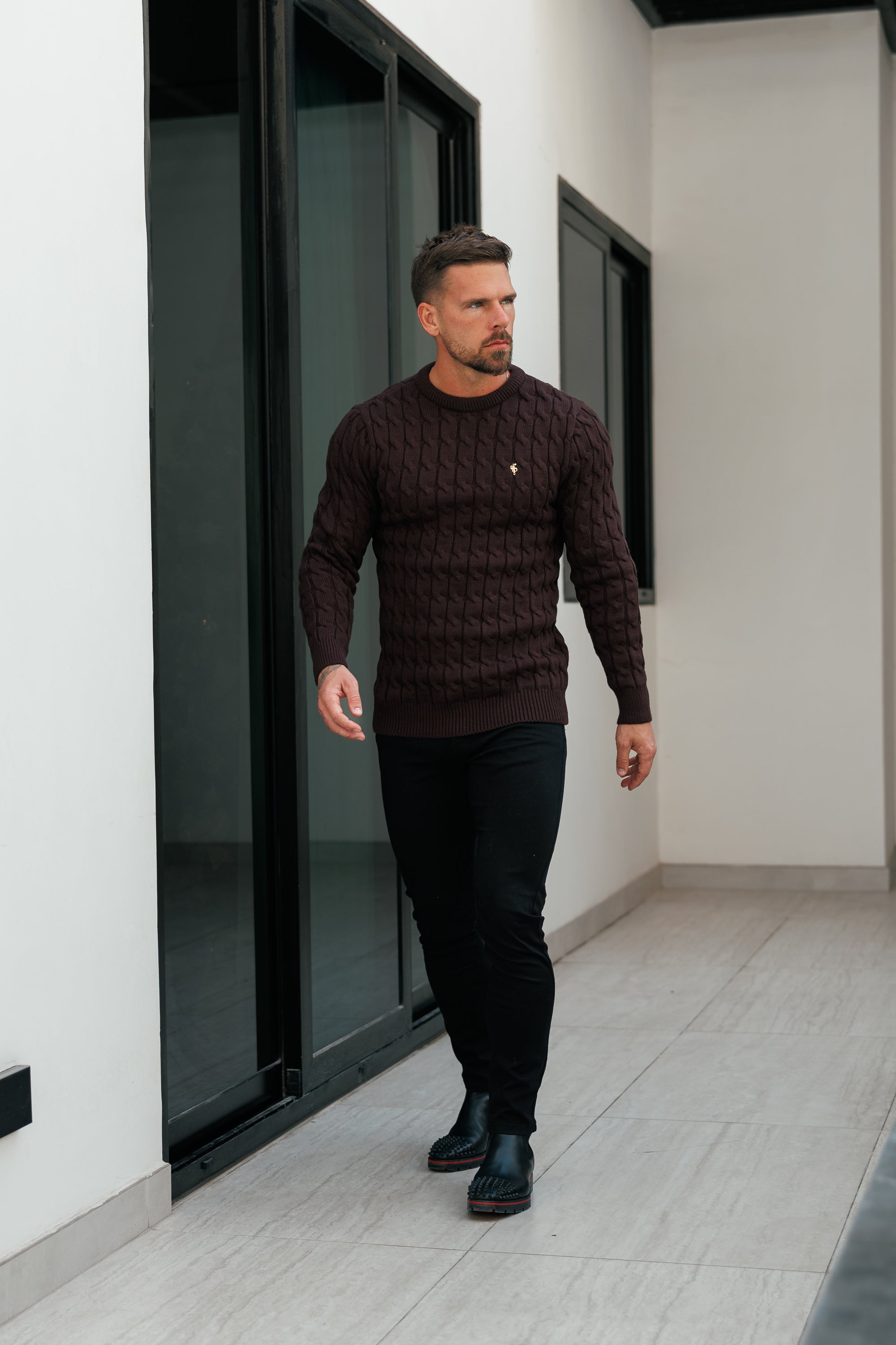 Link Weave Knit Brown Crew Neck Jumper - FSJ141