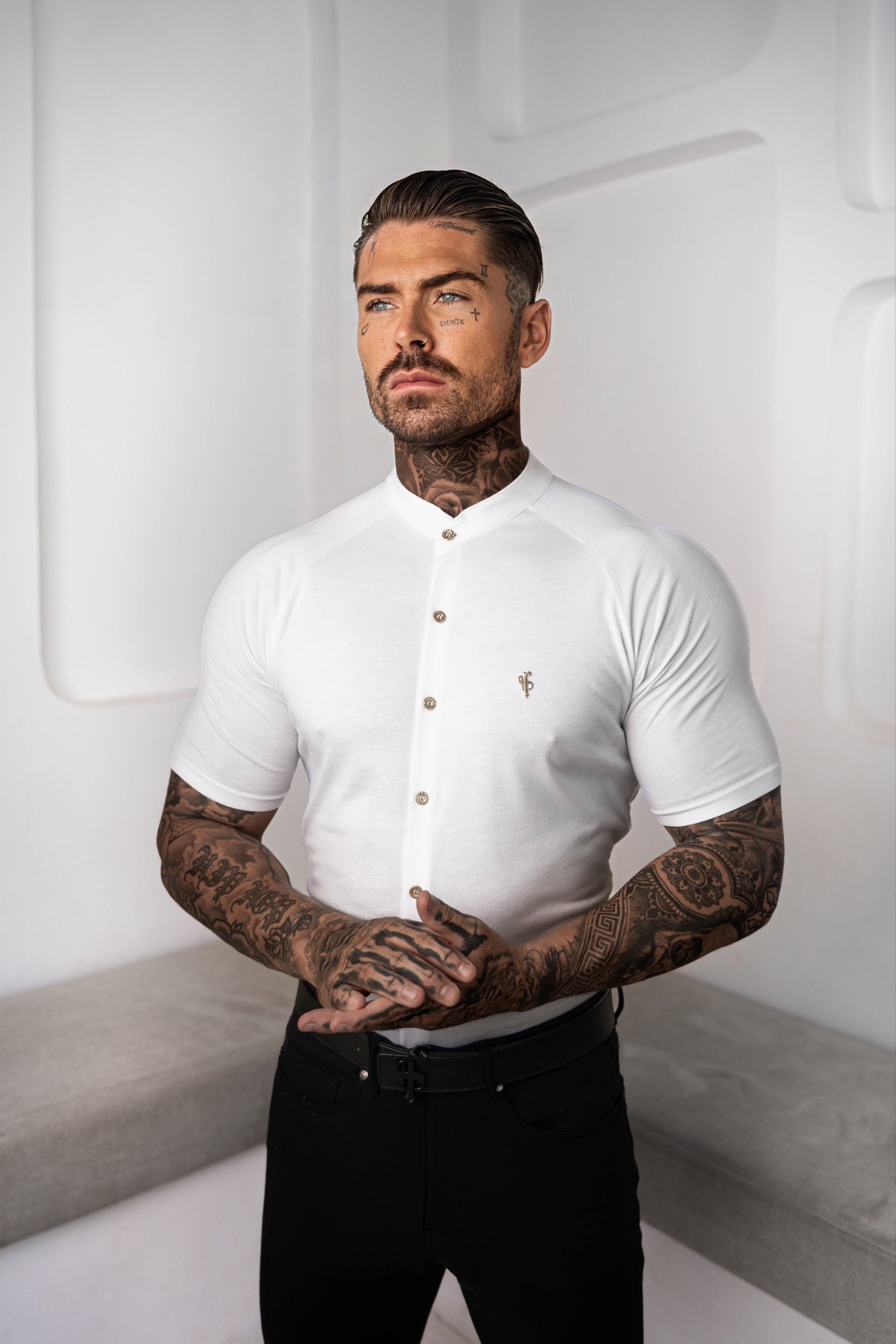 Bamboo Raglan Grandad Collar White Short Sleeve - FSH1166