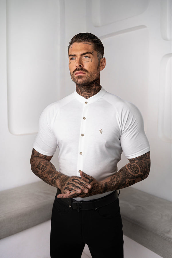 FS Slim Bamboo Raglan Grandad Collar White Short Sleeve - FSH1166