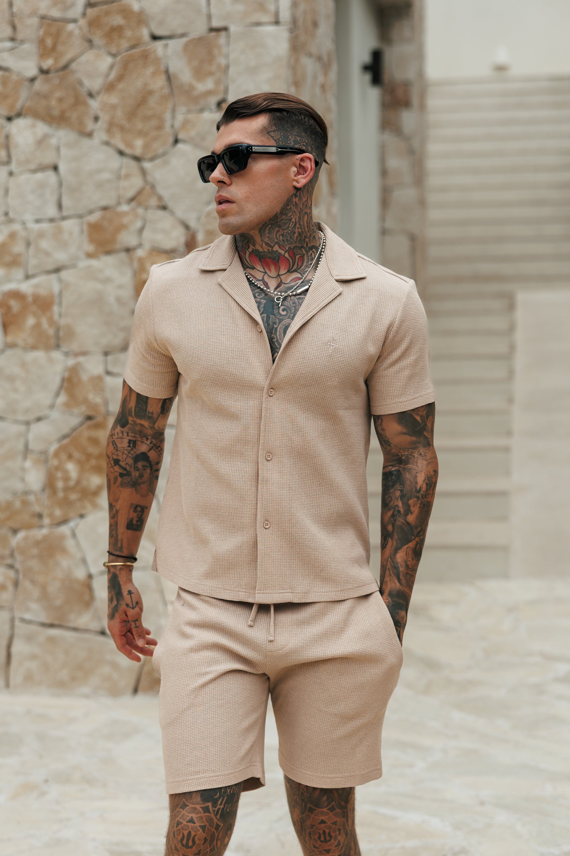 Waffle Shorts With Elasticated Waistband Beige - FSR112 (PRE ORDER 10TH AUGUST)