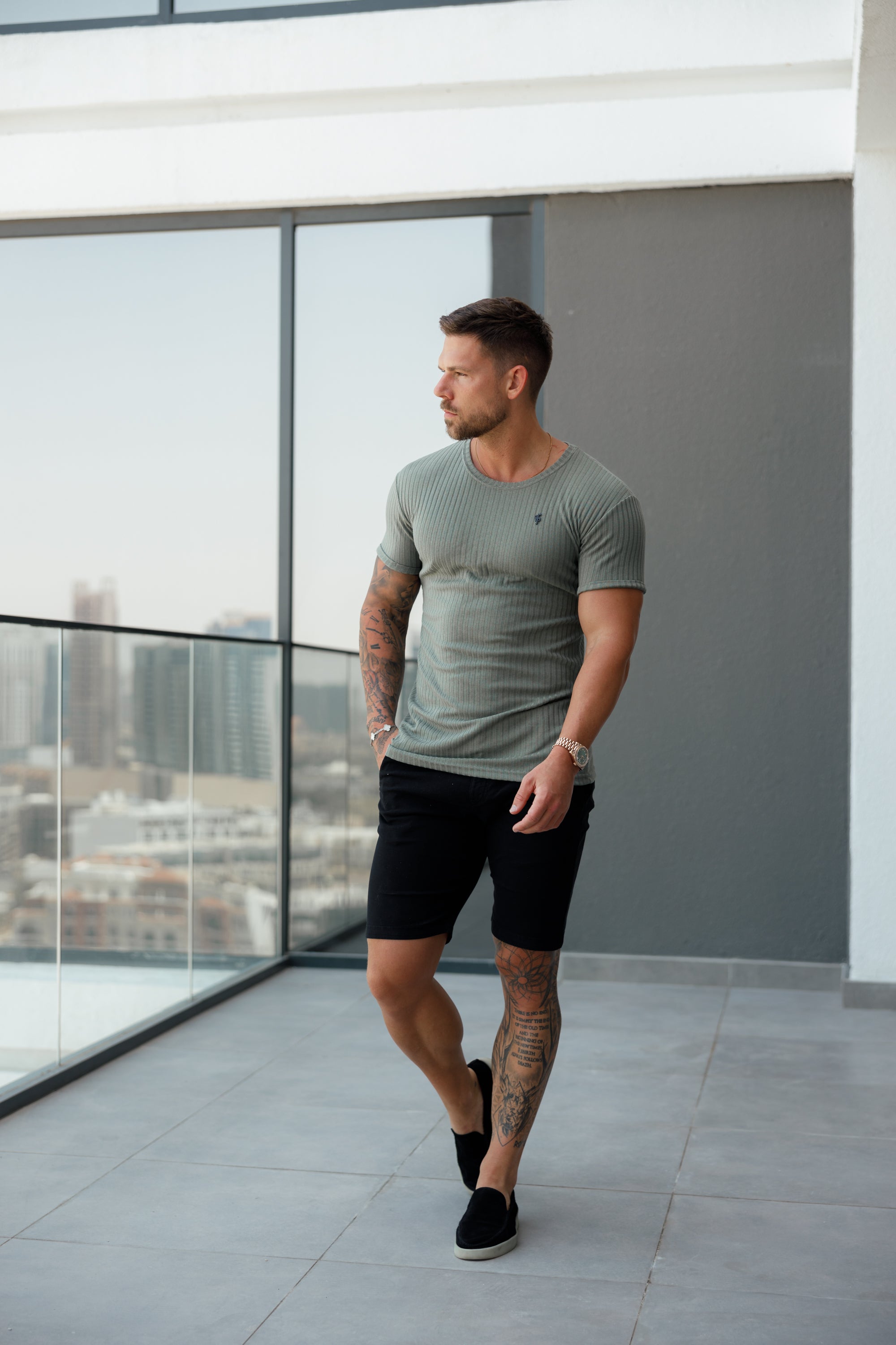 Classic Olive / Black Ribbed Knit Super Slim Short Sleeve Crew - FSH1089