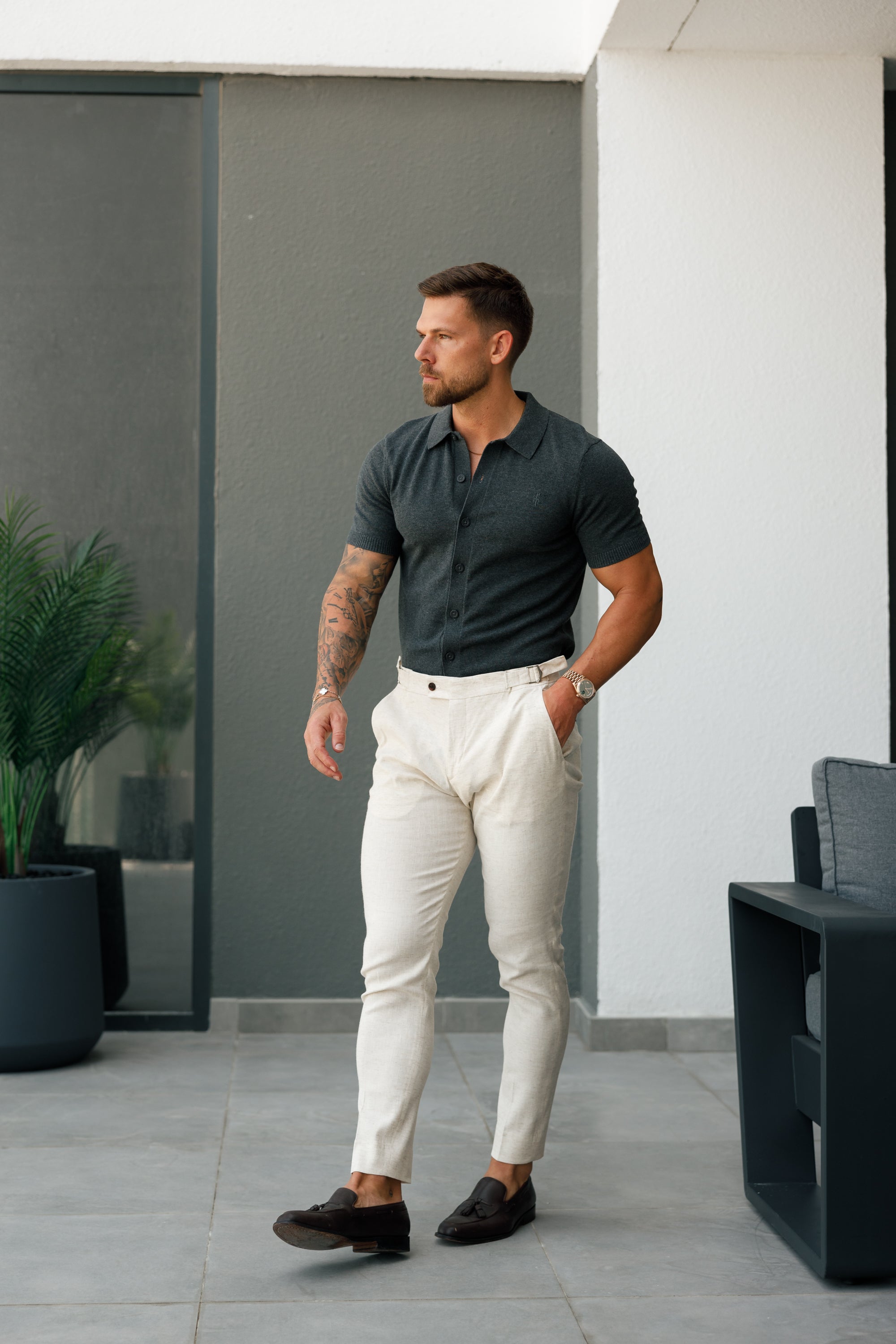 Classic Plain Charcoal Knitted Button Through Polo Short Sleeve - FSN160