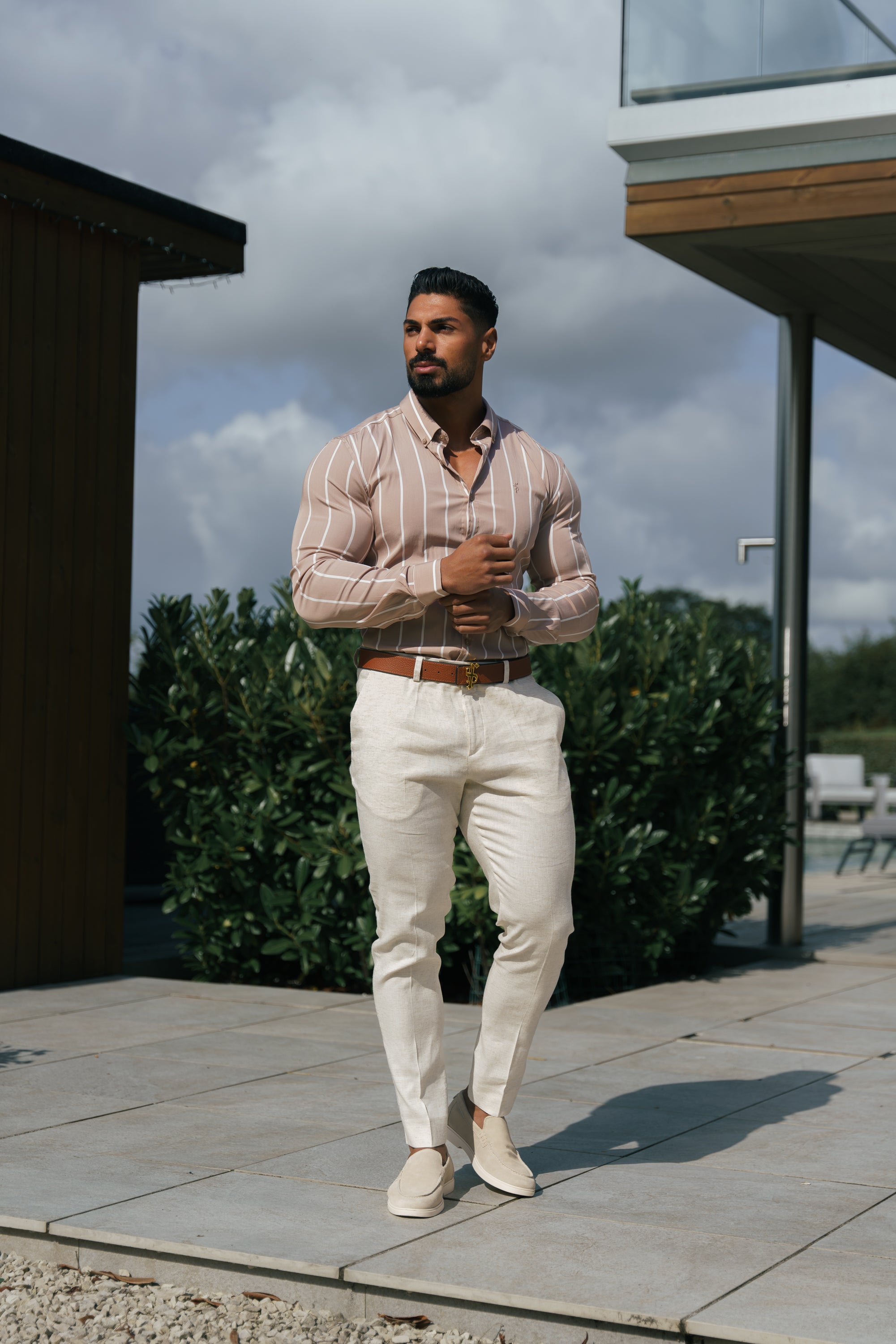 Super Slim Stretch Taupe Printed Wide Stripe Long Sleeve with Button Down Collar - FS1065