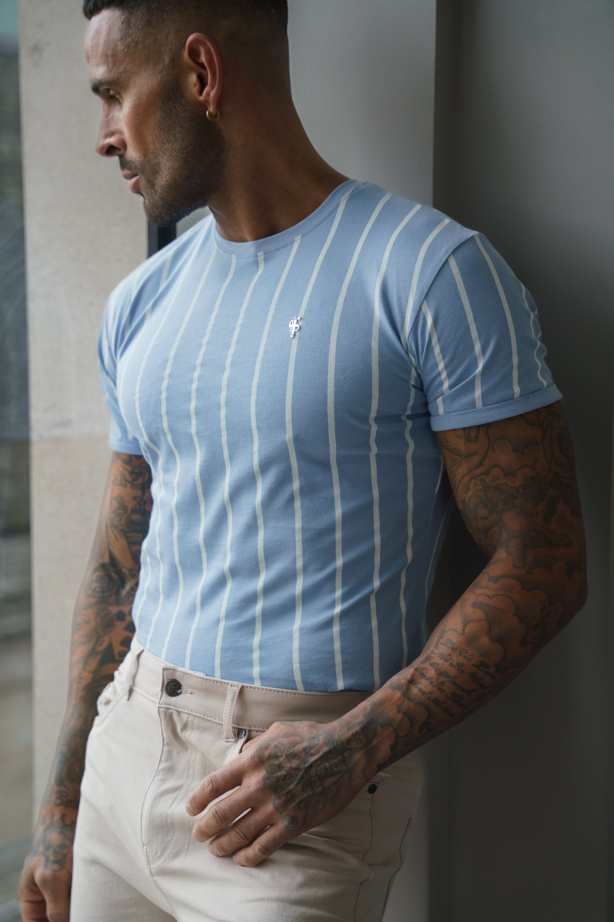 Printed Light Blue / White Stripe Fitted T Shirt - FSH1169