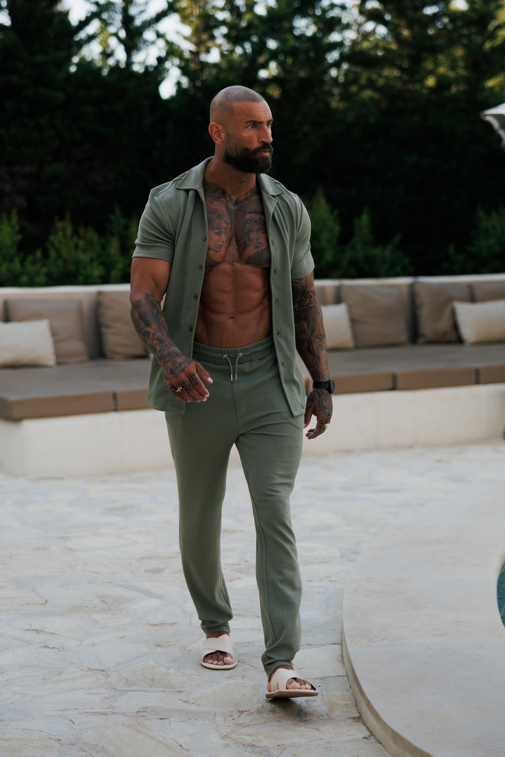 Jersey Cord Stretch Olive Revere Shirt Short Sleeve - FSR072 (PRE ORDER 30TH JUNE)