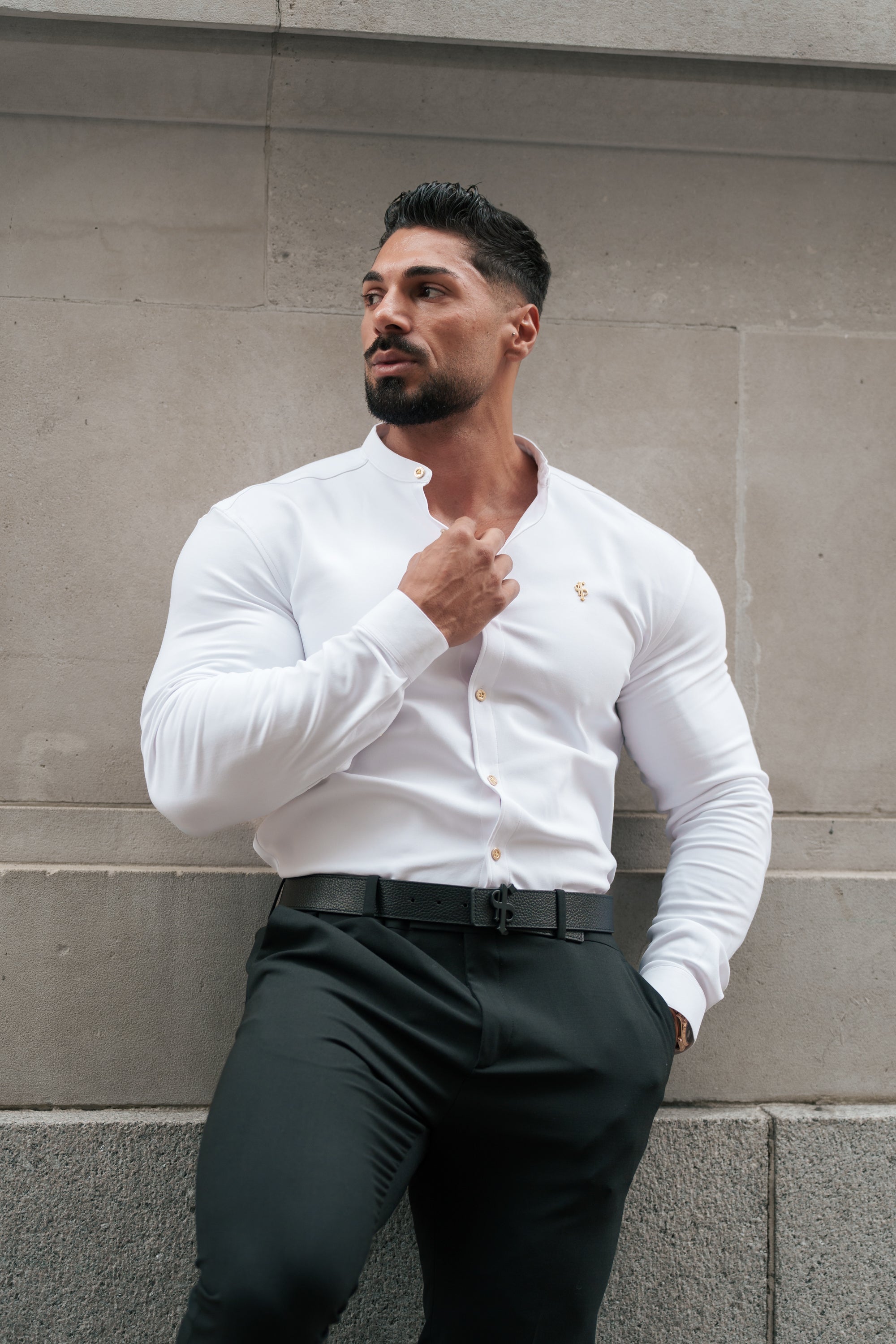 Super Slim Scuba White / Gold Long Sleeve Stretch with Grandad Collar - FS1193