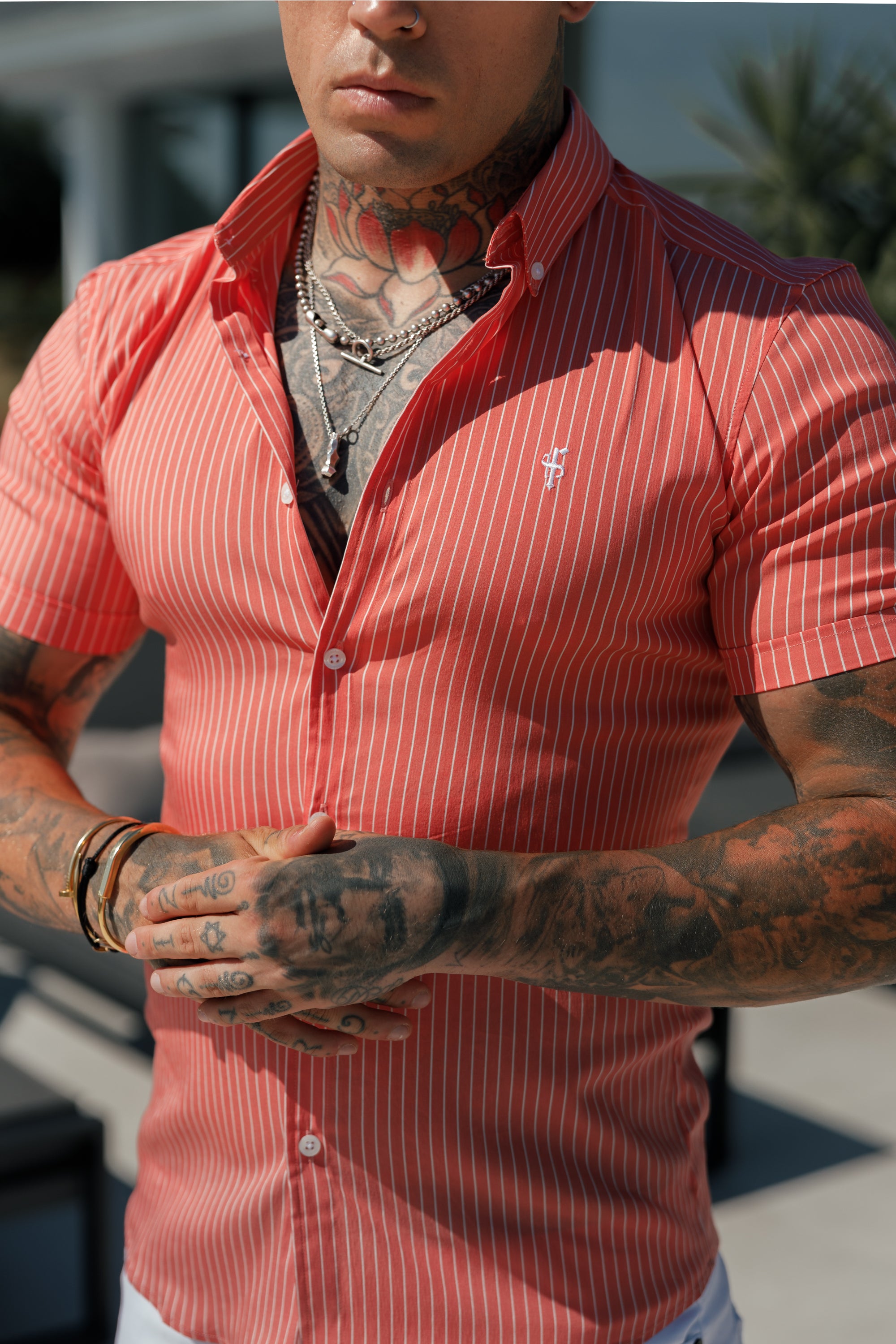 Super Slim Stretch Coral Printed Pinstripe Short Sleeve with Button Down Collar - FS1062