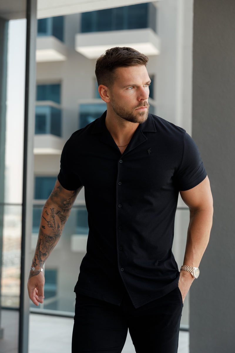 Father Sons Stretch Black Pique Revere Shirt Short Sleeve - FSH1067