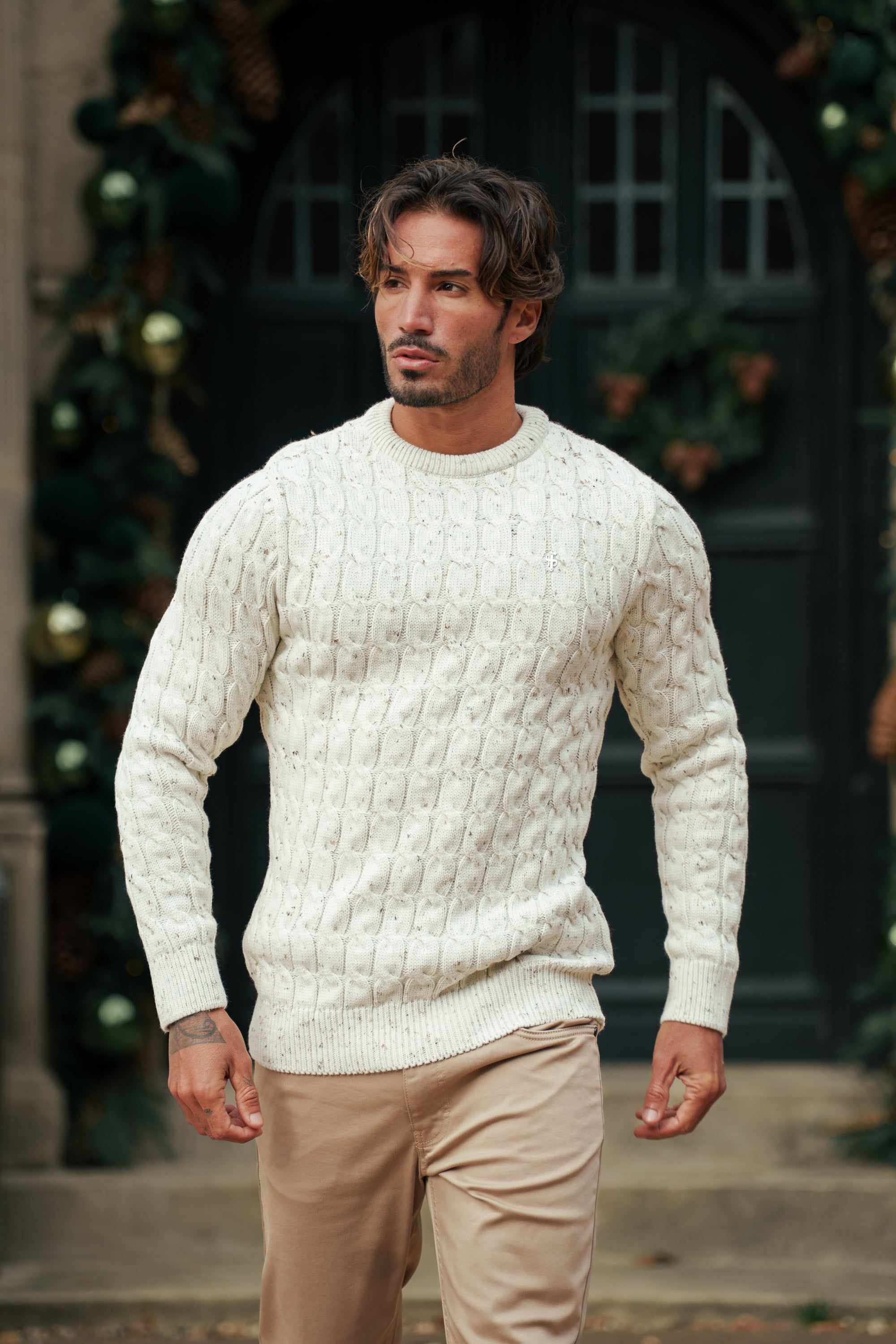 Link Weave Knit Beige Fleck Crew Neck Jumper - FSJ128