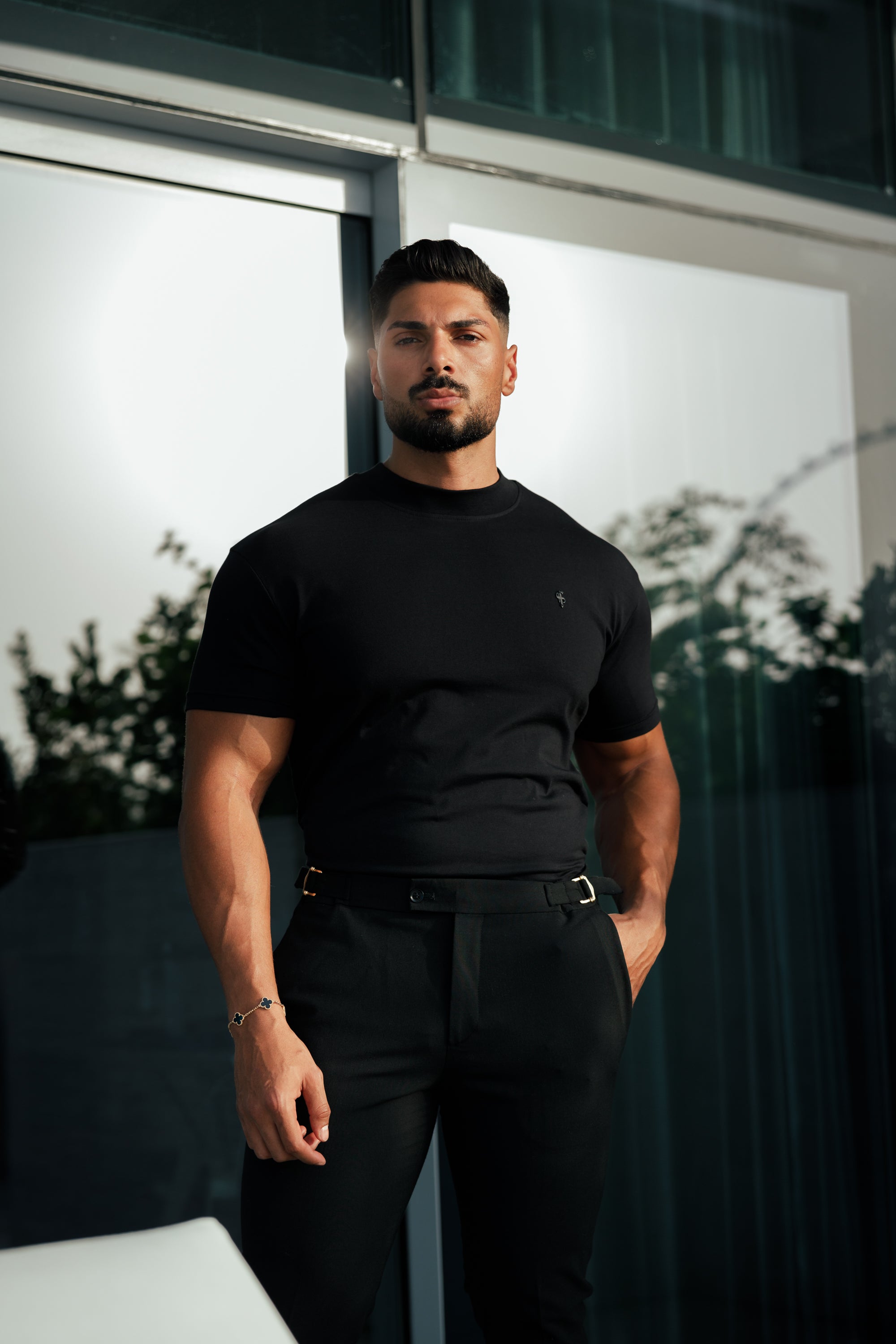 Ribbed High Neck Crew Short Sleeve Black / Black Metal Emblem  - FSH1004