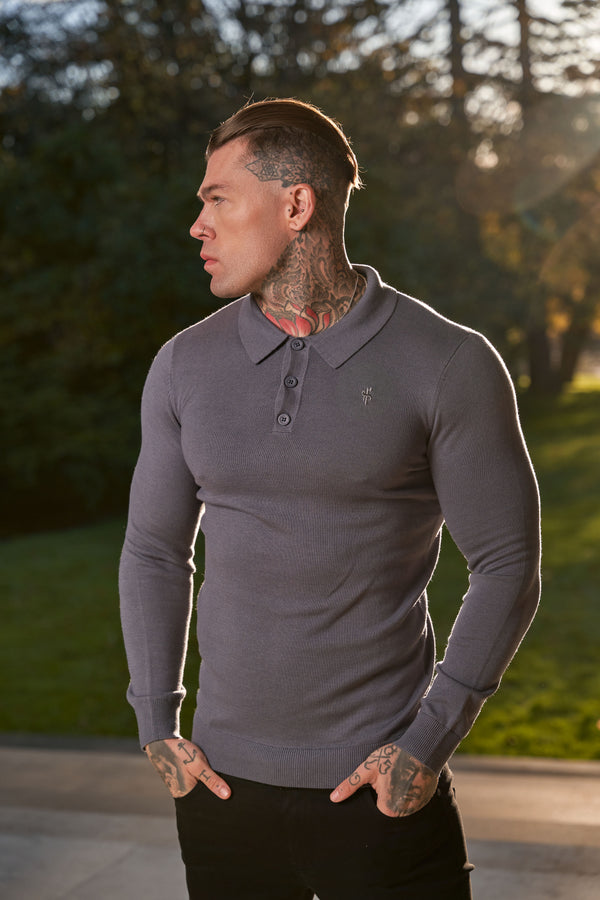 Father Sons Classic Gunmetal Knitted Polo Jumper Long Sleeve With Tonal FS Embroidery- FSN141