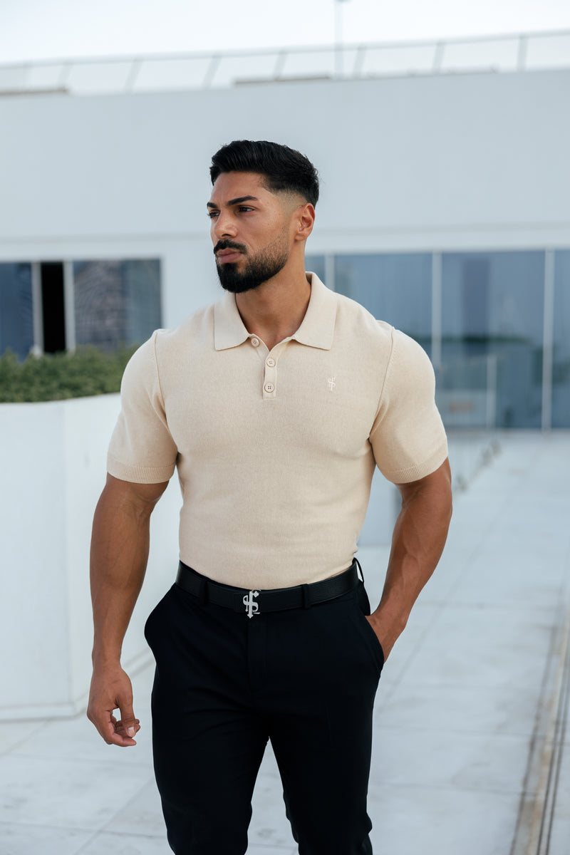 Father Sons Classic Plain Beige Knitted Polo Short Sleeve - FSN111