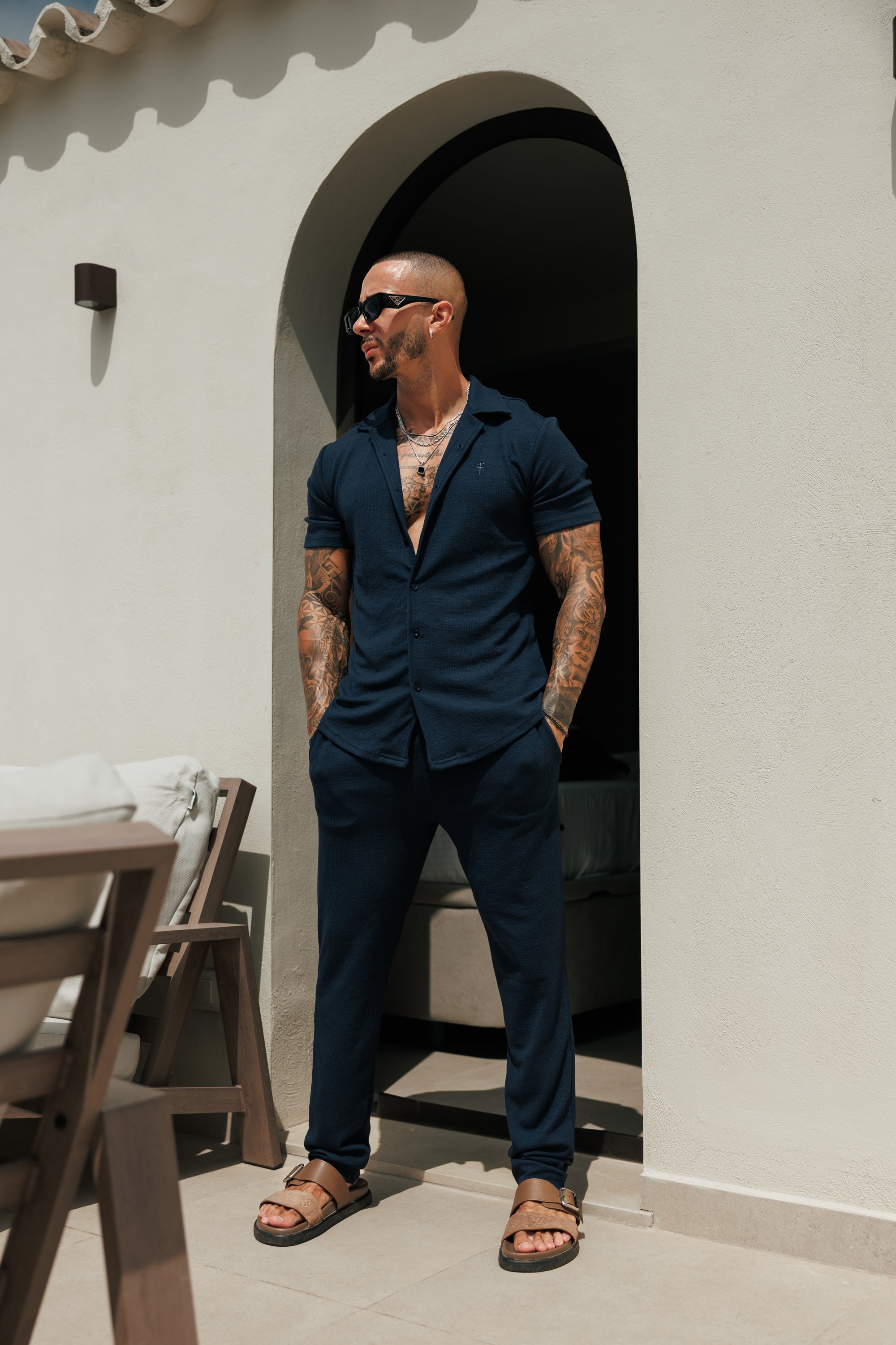 Jersey Cord Stretch Navy Revere Shirt Short Sleeve - FSR071 (PRE ORDER 18TH JULY)