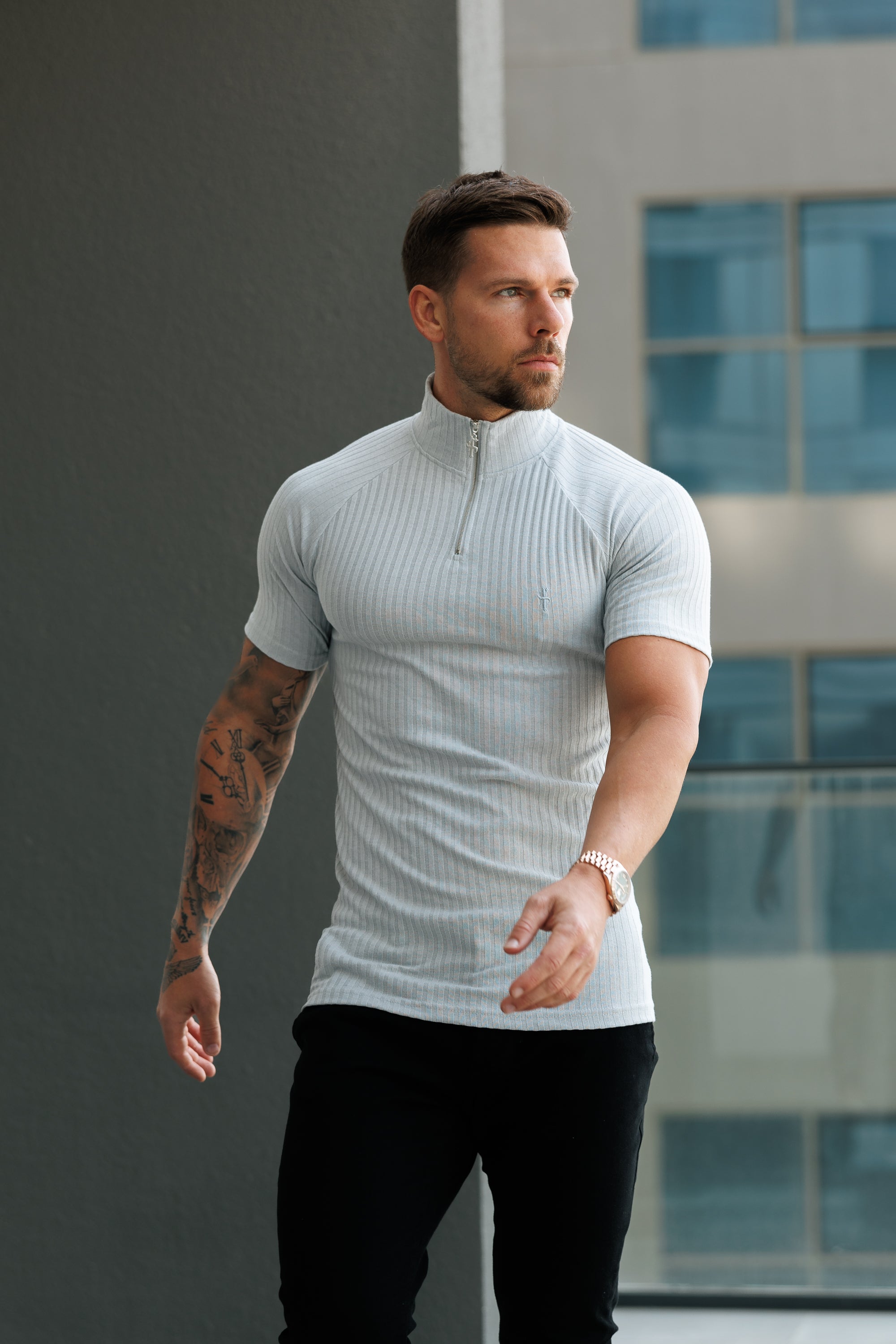 Classic Light Grey Ribbed Zip Funnel Neck Raglan Short Sleeve Crew - FSH1287