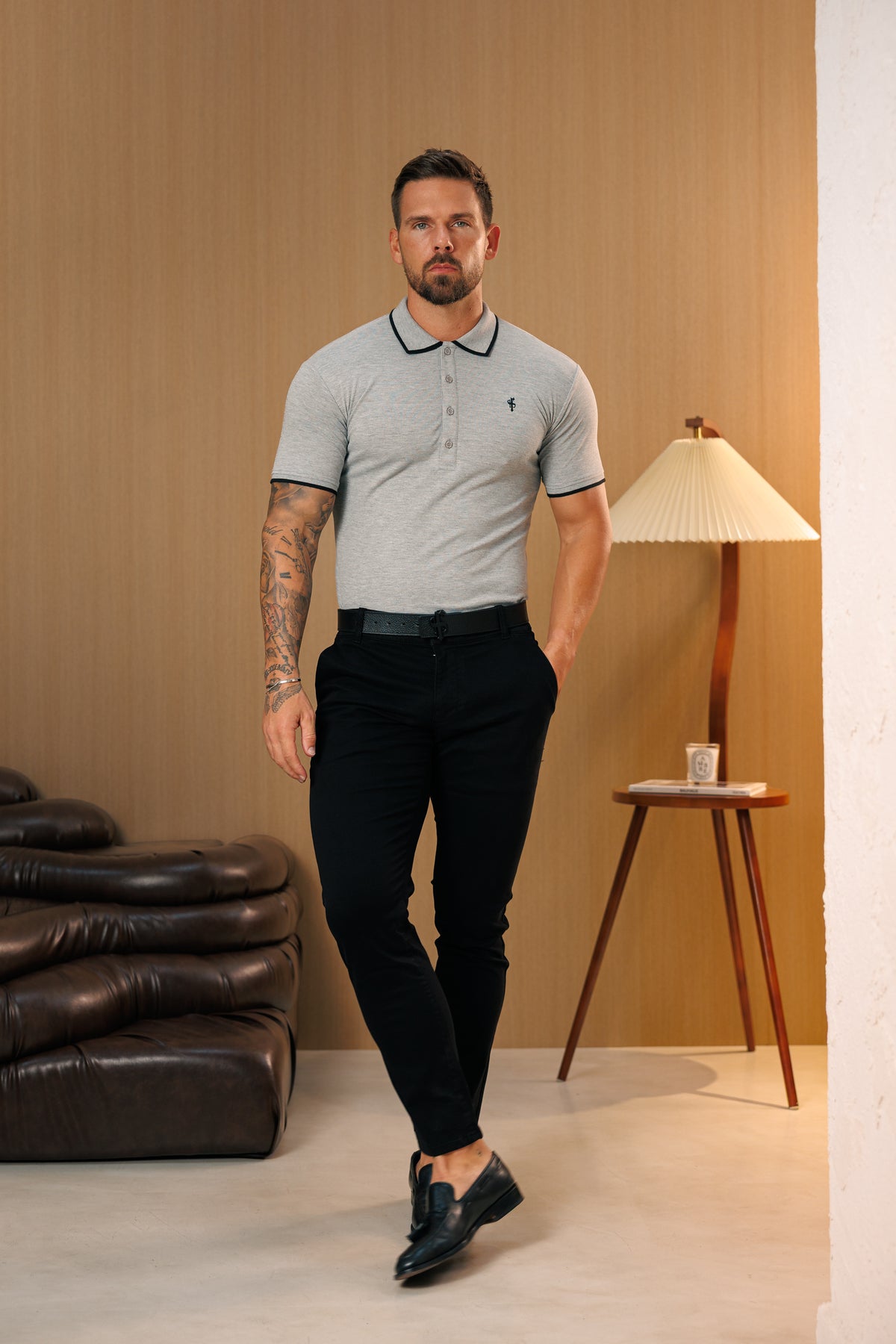 Light Grey / Black Polo Shirt With Contrast Collar and Sleeve - FSH1674