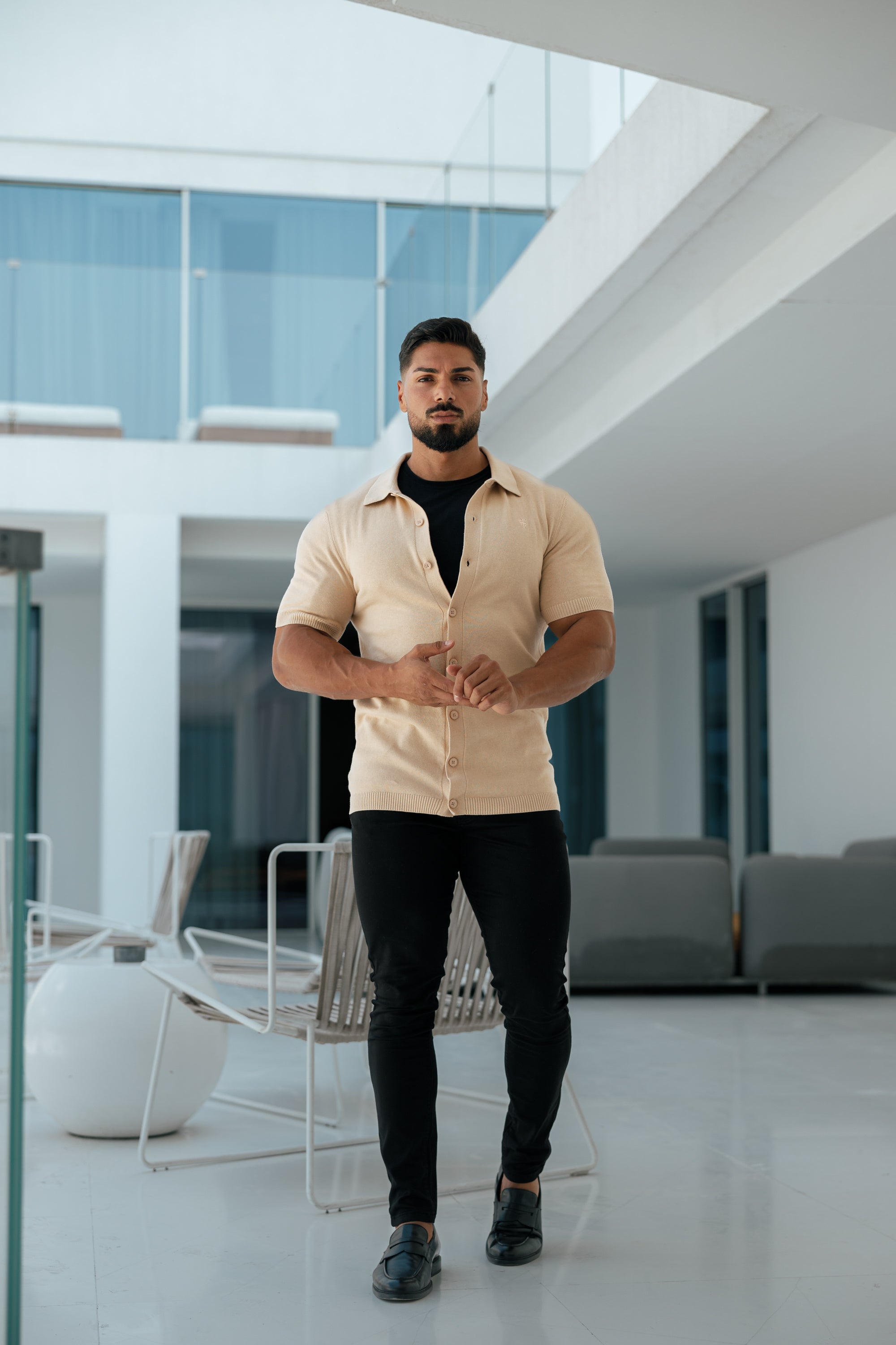 Classic Plain Beige Knitted Button Through Polo Short Sleeve - FSN104