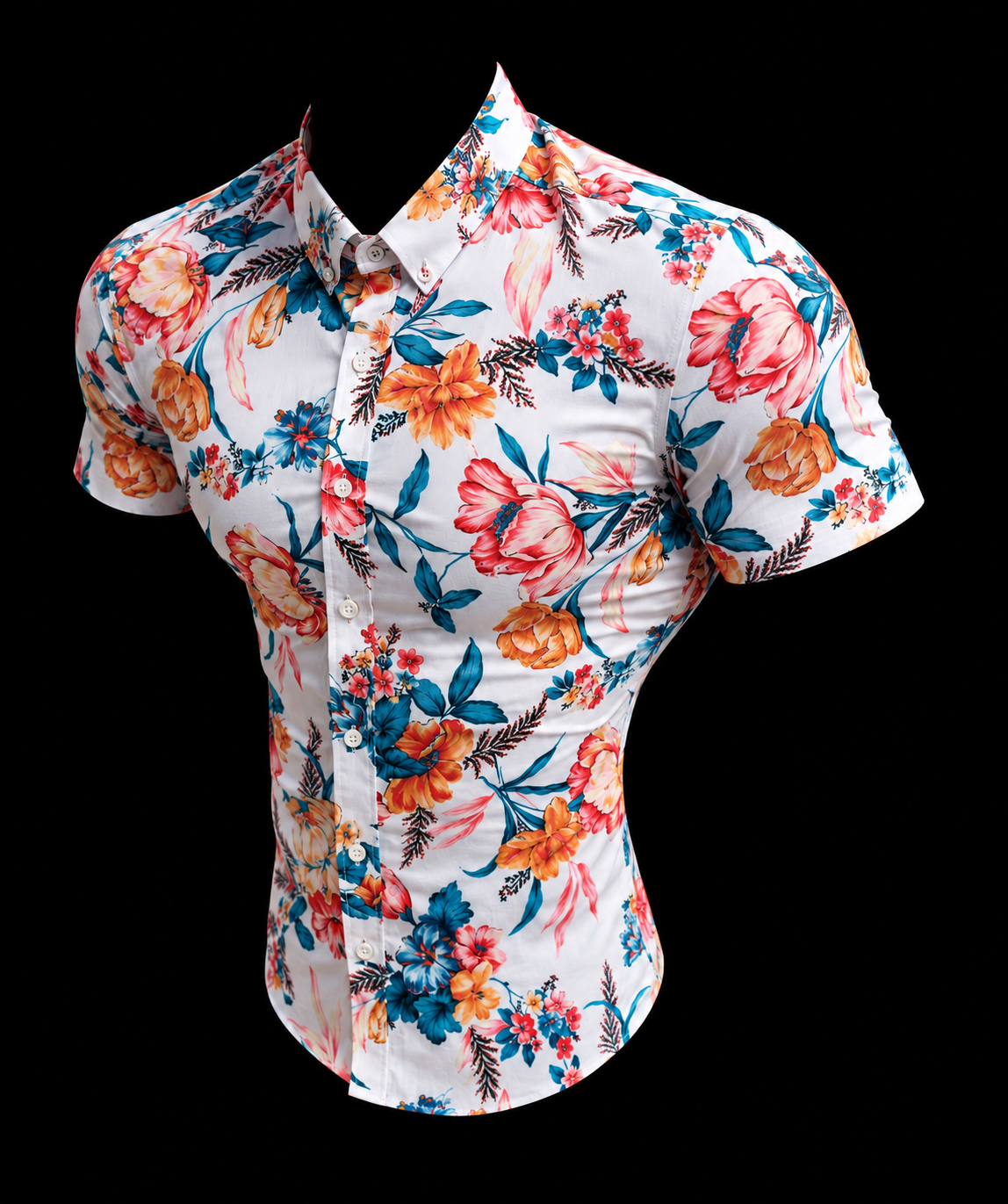 Super Slim Stretch White Vibrant Floral Print Short Sleeve with Button Down Collar - FS1271